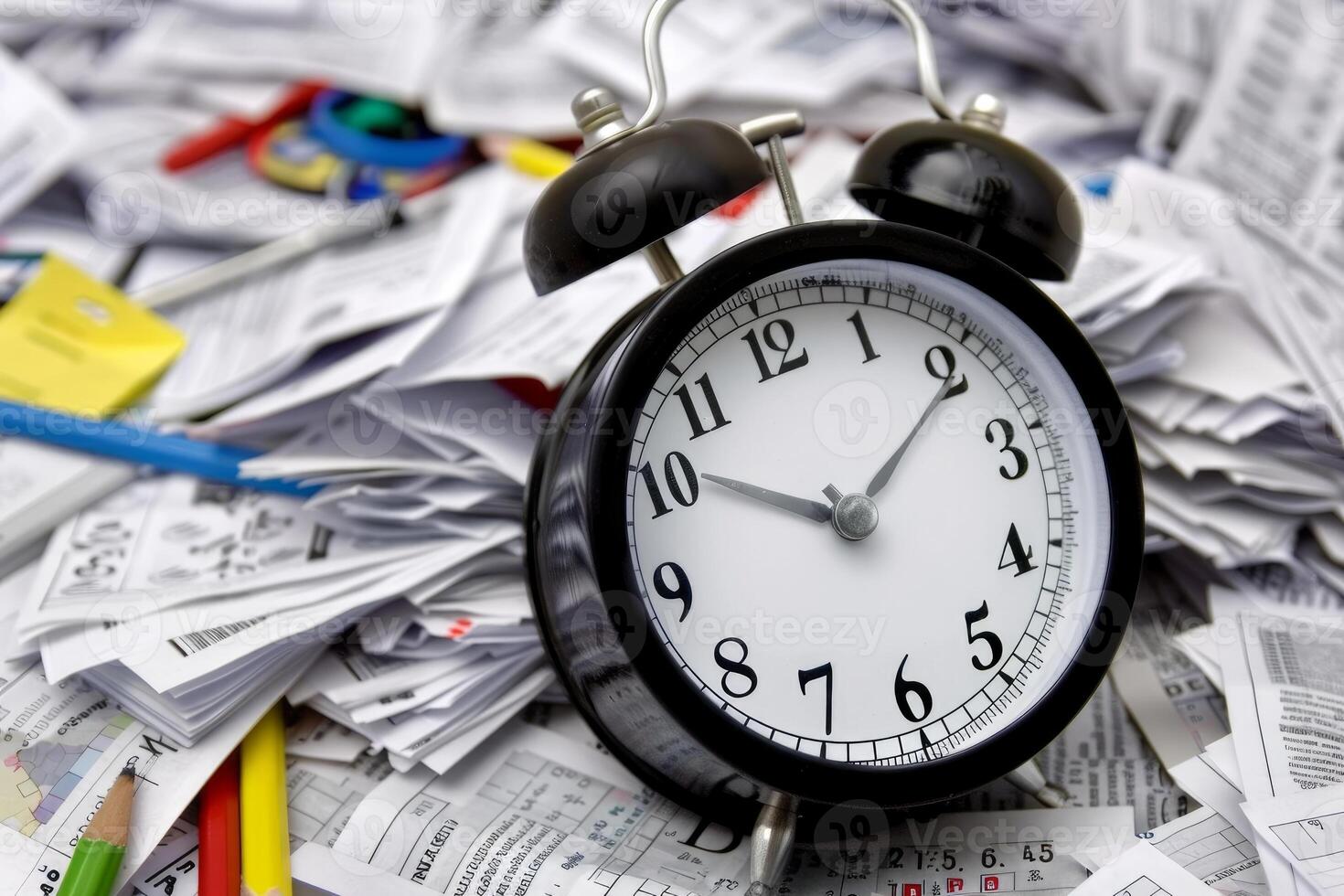 Alarm clock ticking showing deadline approaching on desk of accountant photo