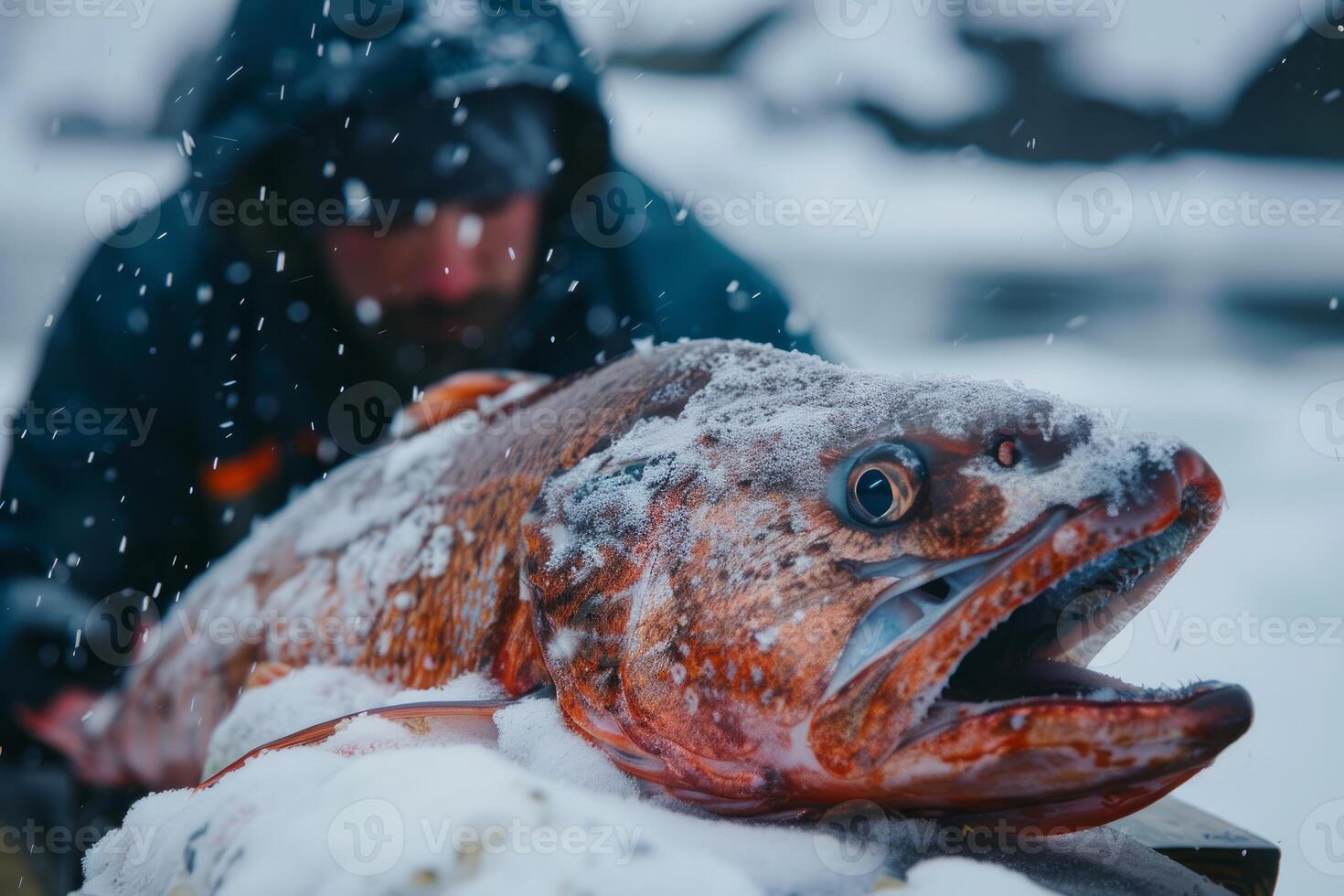 Fisherman showing a big fish covered with snow in winter photo