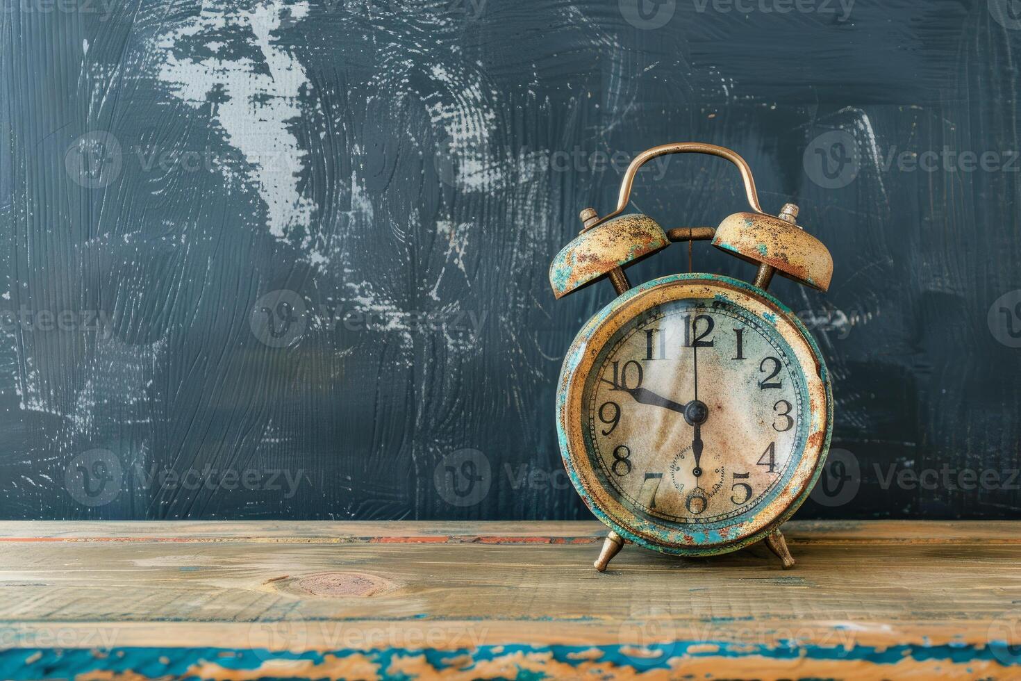 Old shabby alarm clock showing seven o'clock on wooden table against dark blue background photo