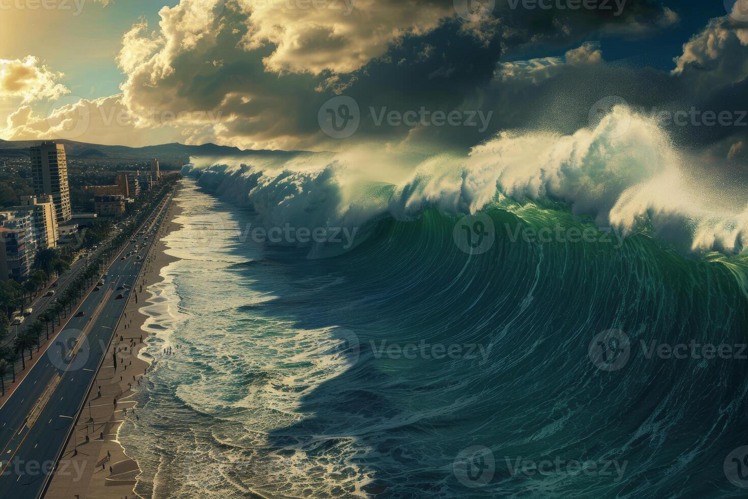 Huge tsunami wave approaching city coastline during storm photo