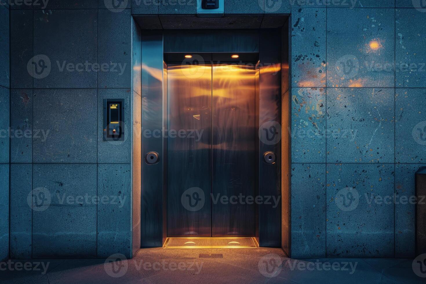 Modern elevator doors opening in empty building at night photo