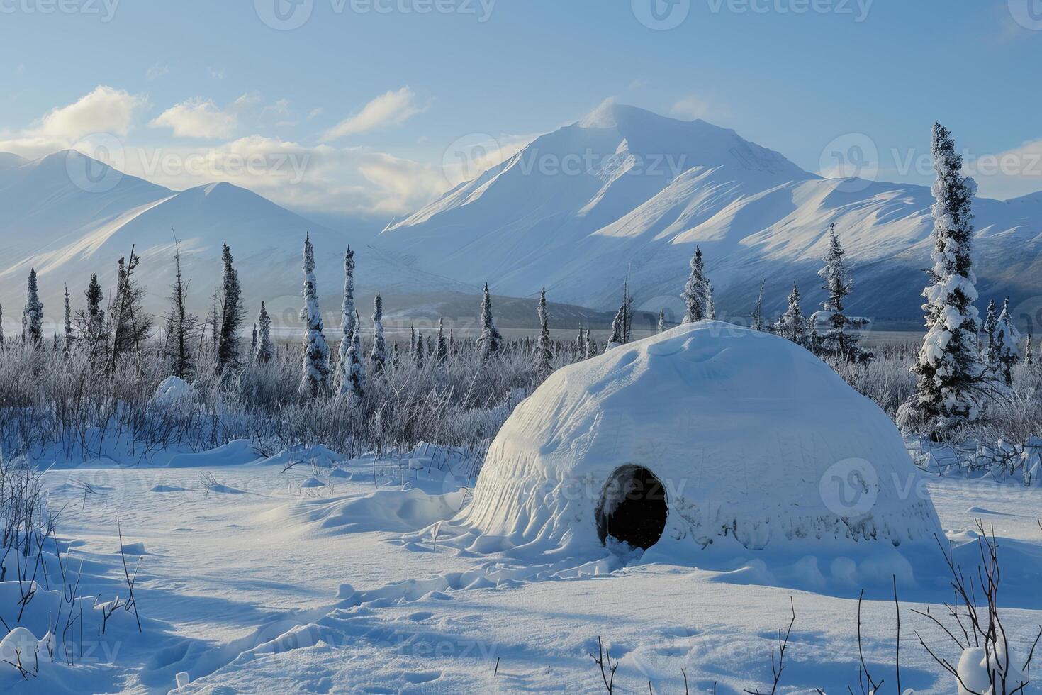Small igloo standing in snowy landscape with mountains in background photo