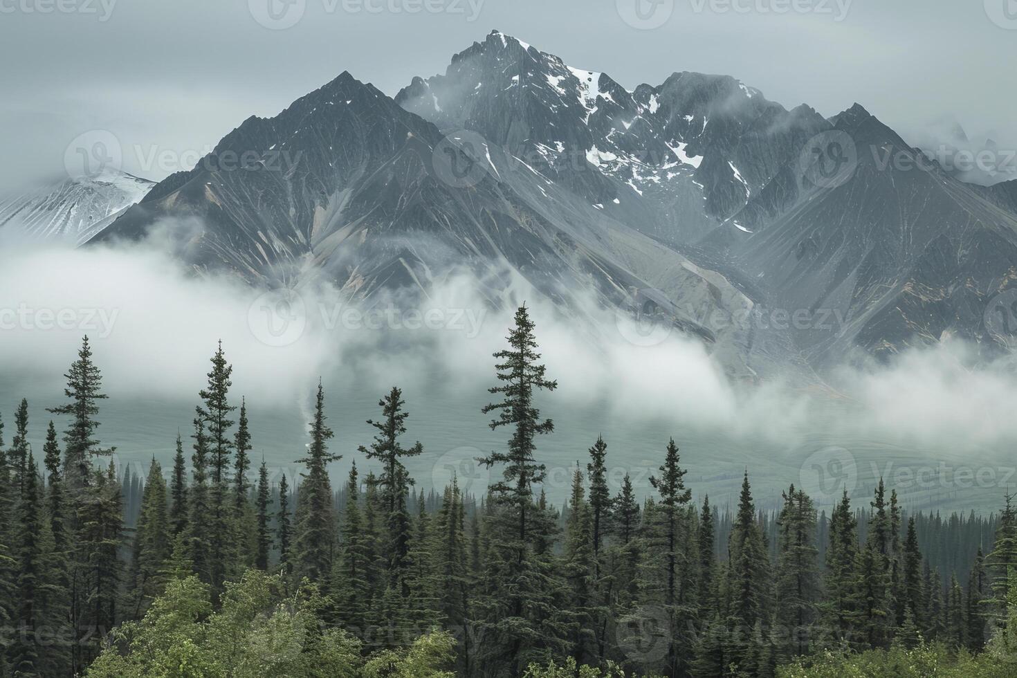 Clouds rolling over pine forest with mountain peak in background photo