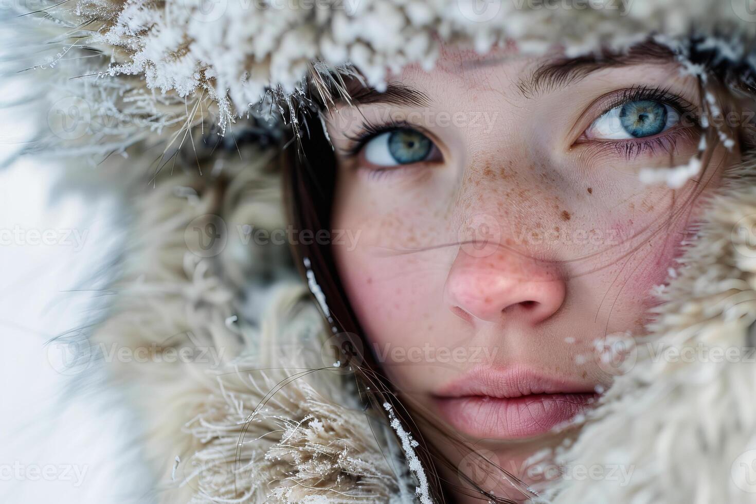 Beautiful young woman wearing winter coat looking away from camera photo