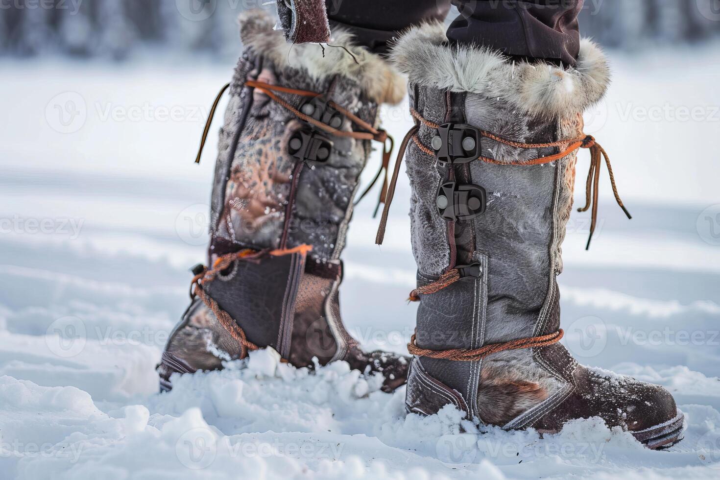 Hunter walking in deep snow wearing traditional fur boots photo