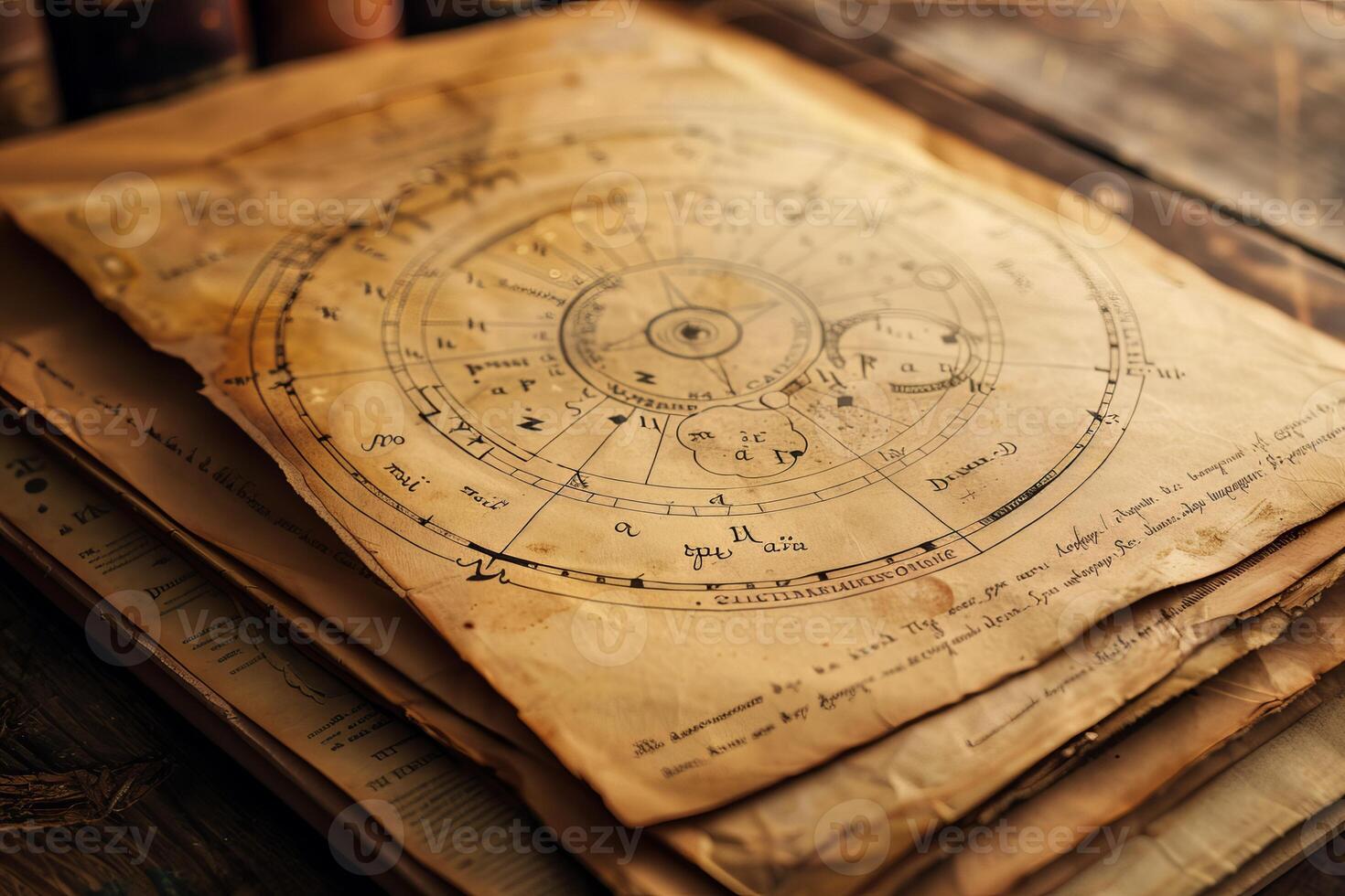 Ancient astrological chart showing the zodiac and planetary movements photo