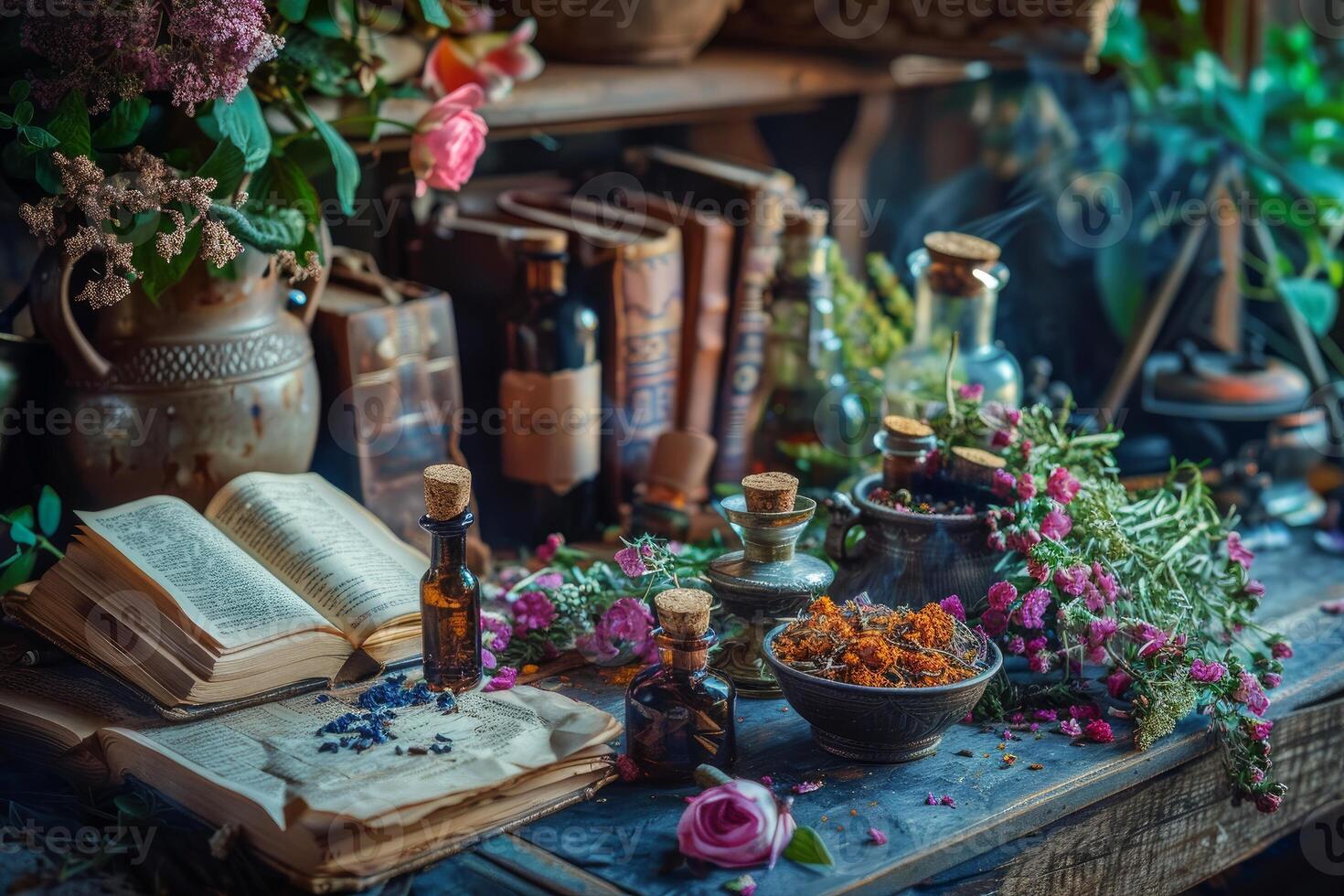 Alchemist's workshop with dried herbs, flowers and open grimoire for preparing potion photo