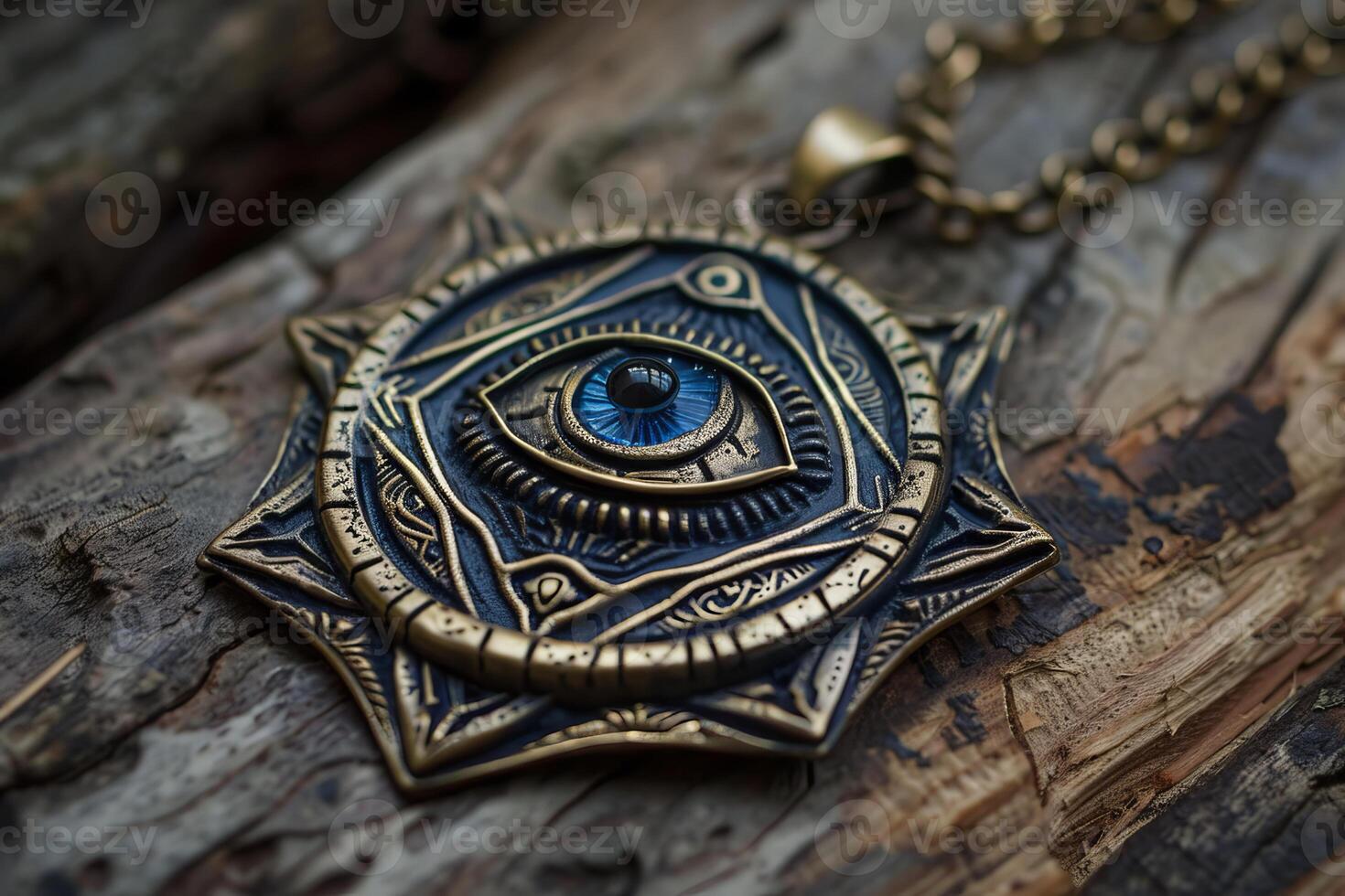 Bronze amulet pendant in the shape of third eye is lying on wooden background photo