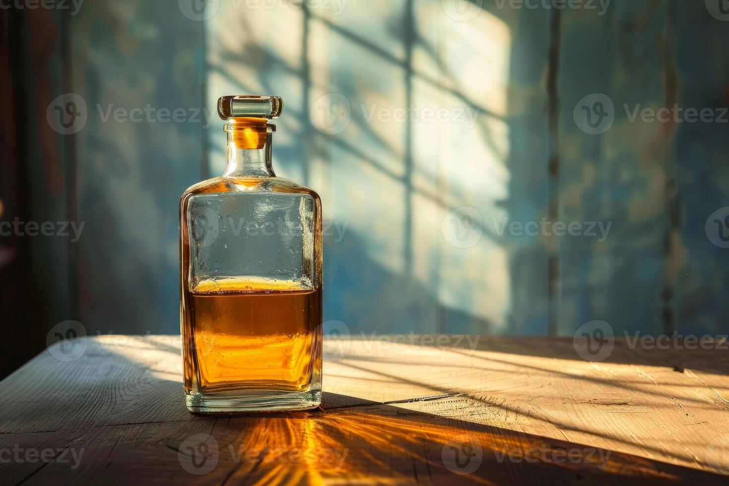 Crystal whiskey decanter catching light on rustic table photo
