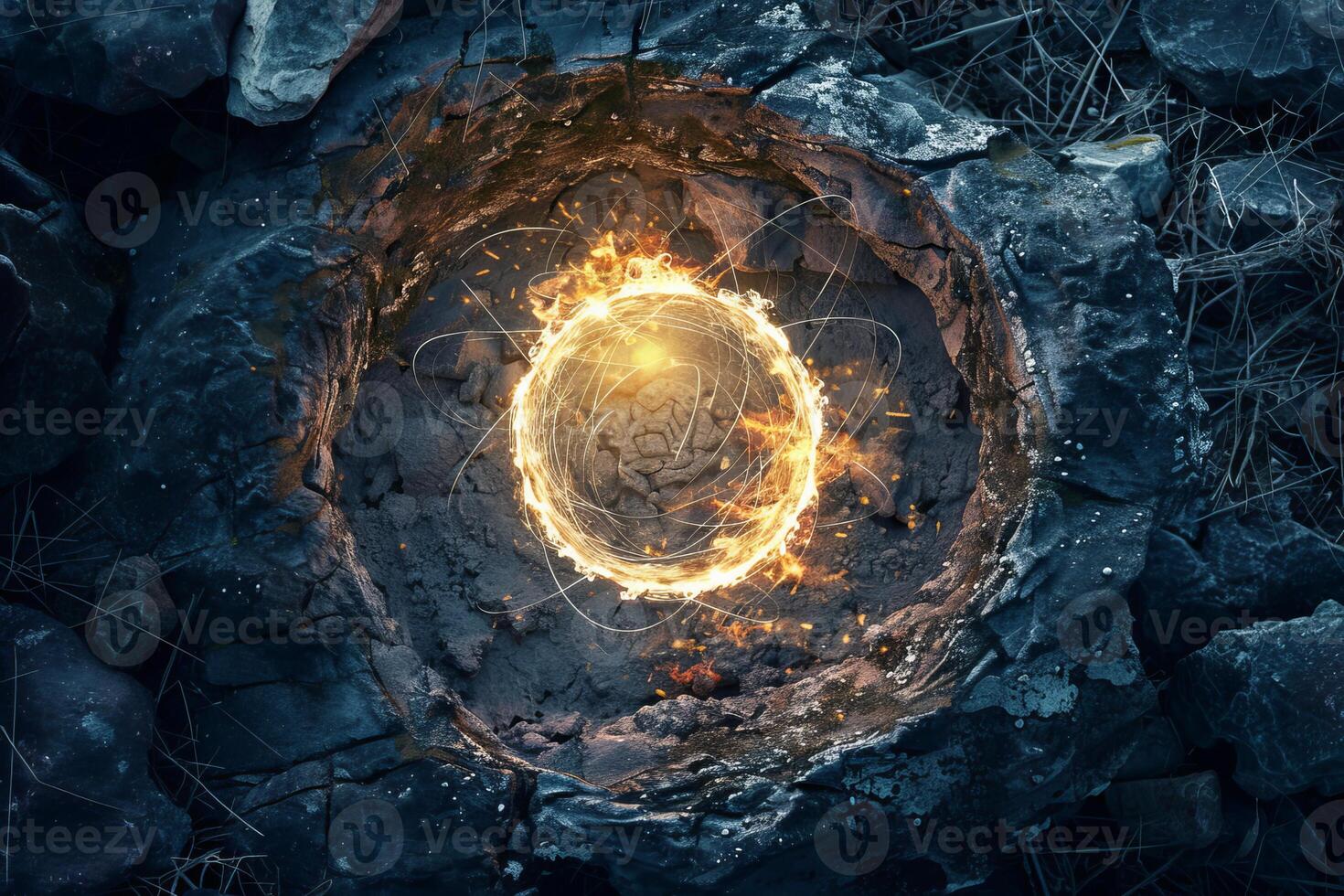 Burning ring of fire floating on rocks photo