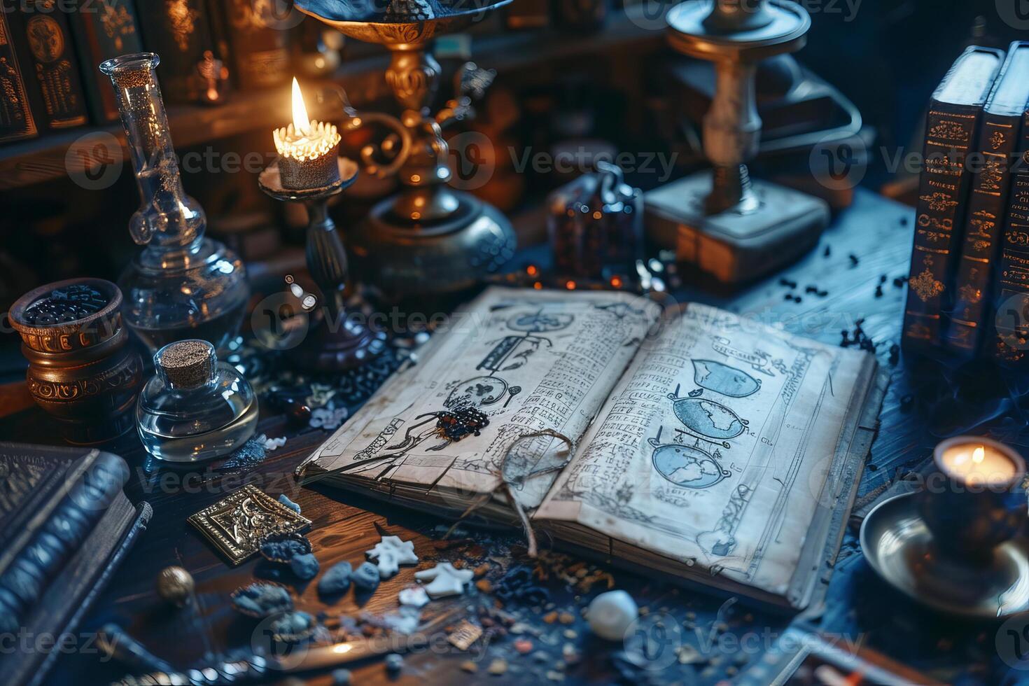 Open spell book lying on alchemist's table with burning candles photo