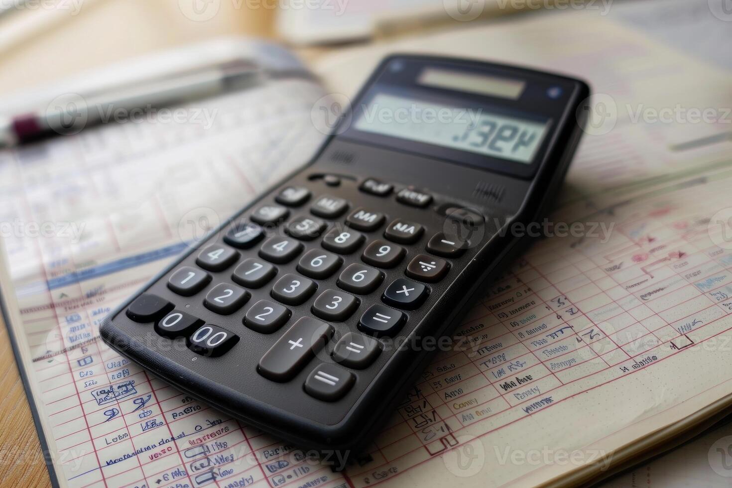 Accountant calculating budget using calculator in office photo
