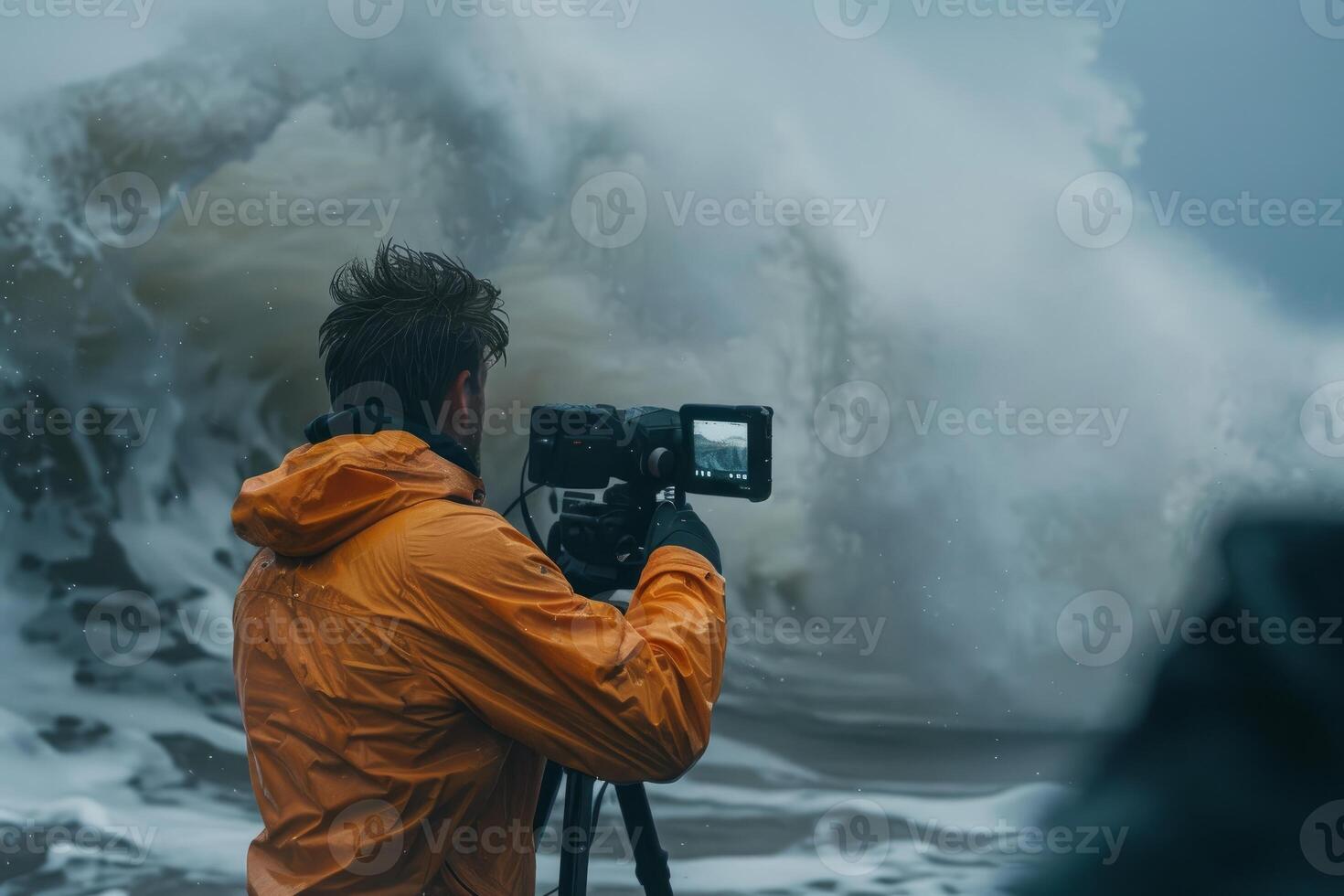 Videographer filming a giant wave crashing on the coast during a sea storm photo