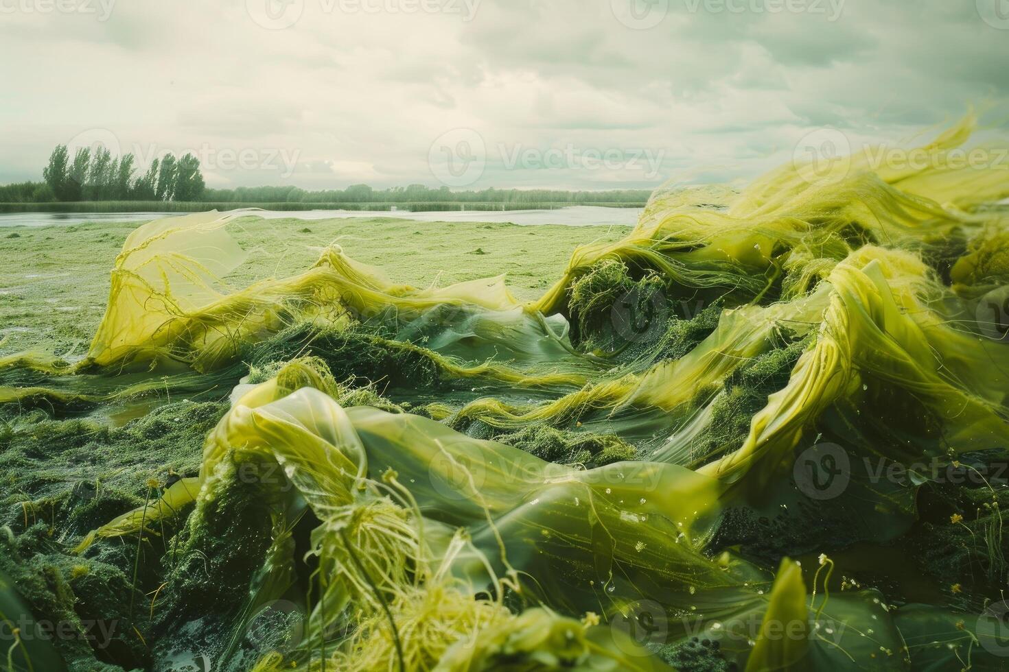 Filamentous green algae covering entire surface of lake water photo