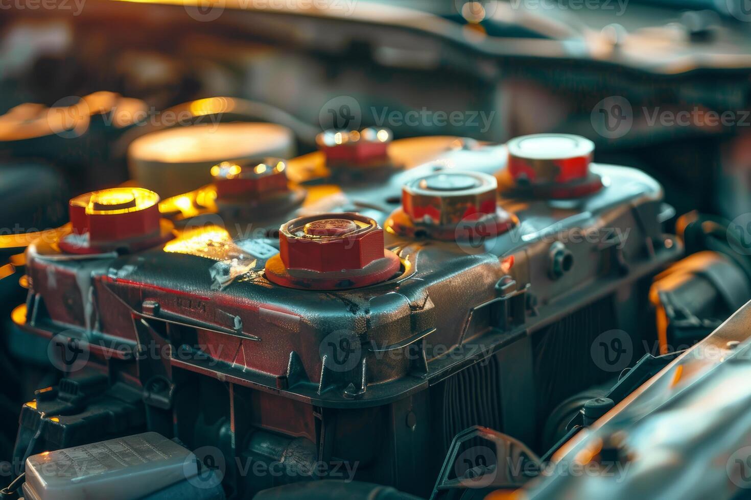 Close up of car battery showing terminals and engine parts photo