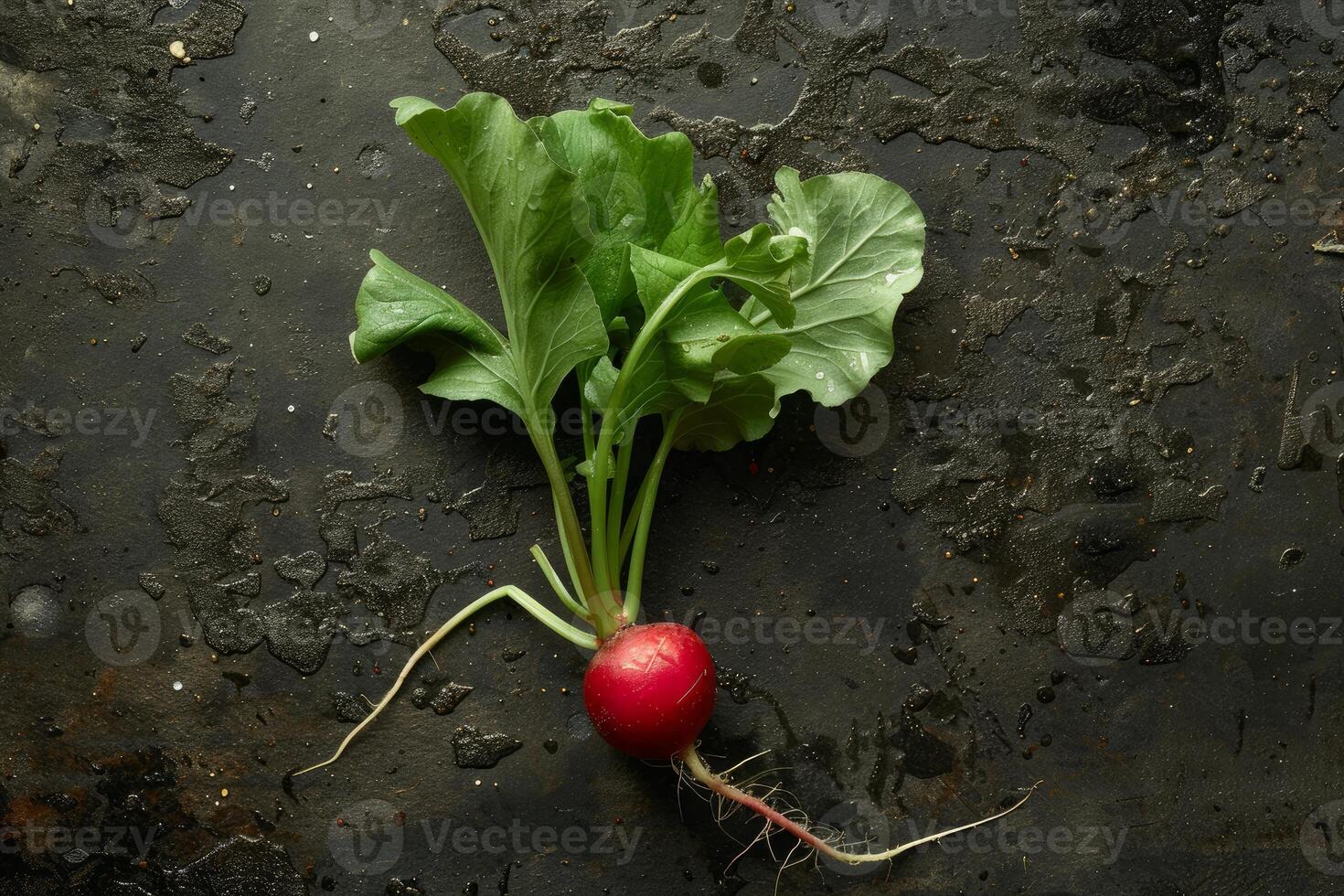 One organic red radish with green leaves on wet black background photo