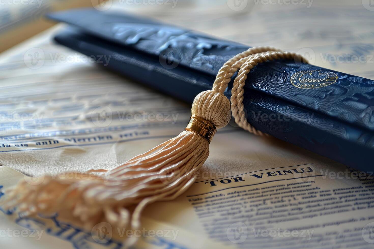 Blue diploma with gold tassel lying on top of official document photo