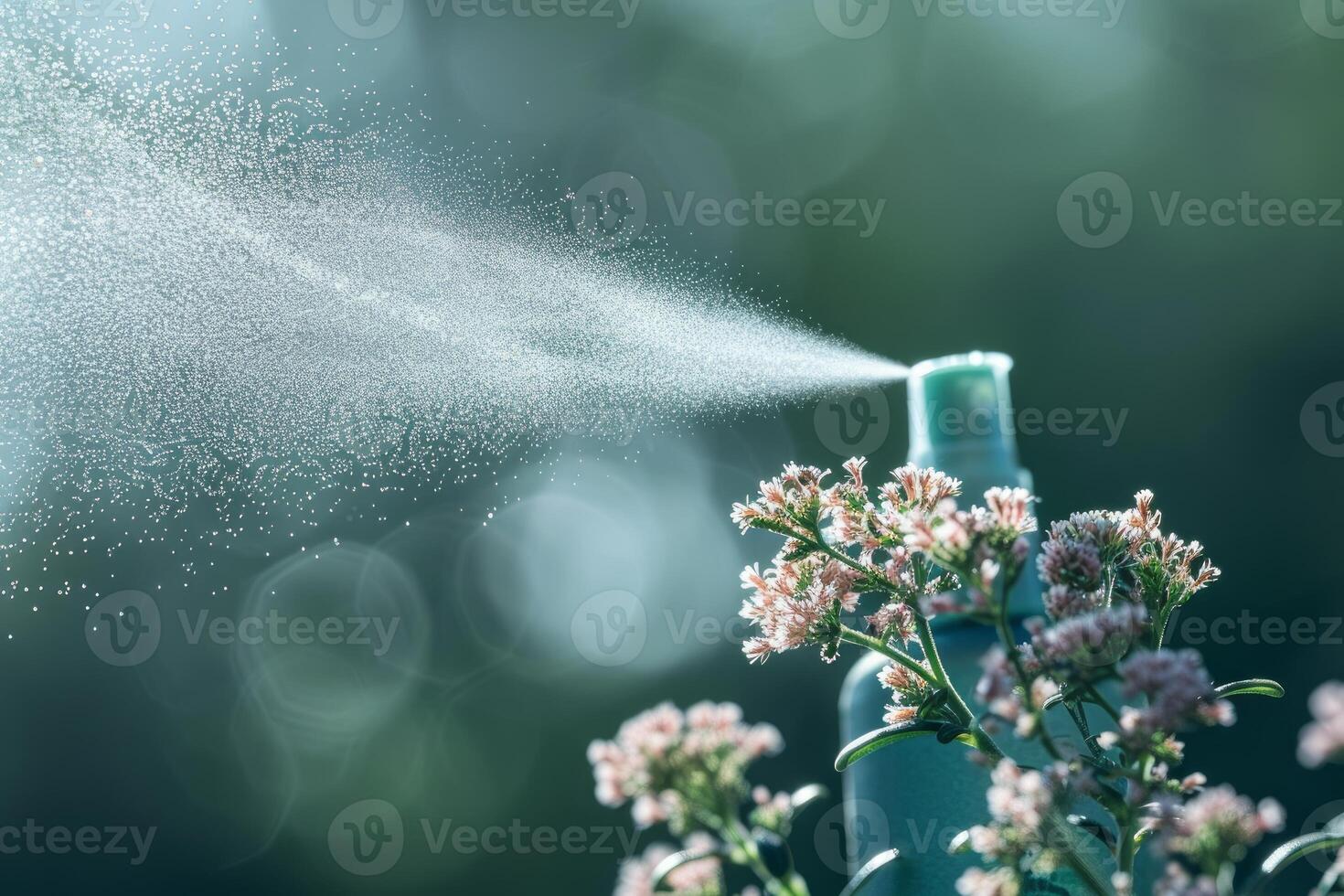 Spray bottle refreshing flowers with water particles on blurred background photo