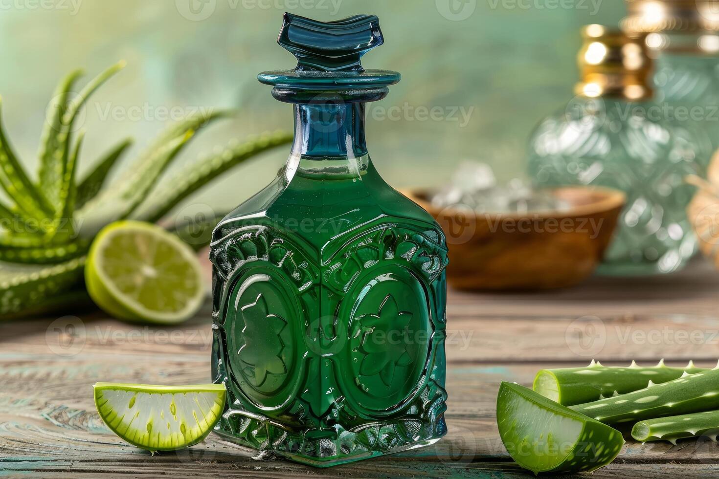 Green aloe vera skin care extract being poured into elegant bottle photo