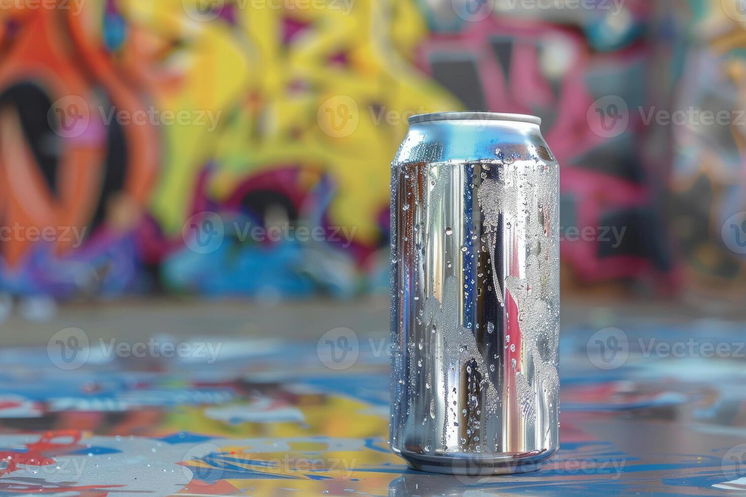 Aluminum can standing on a wet surface with graffiti in the background photo