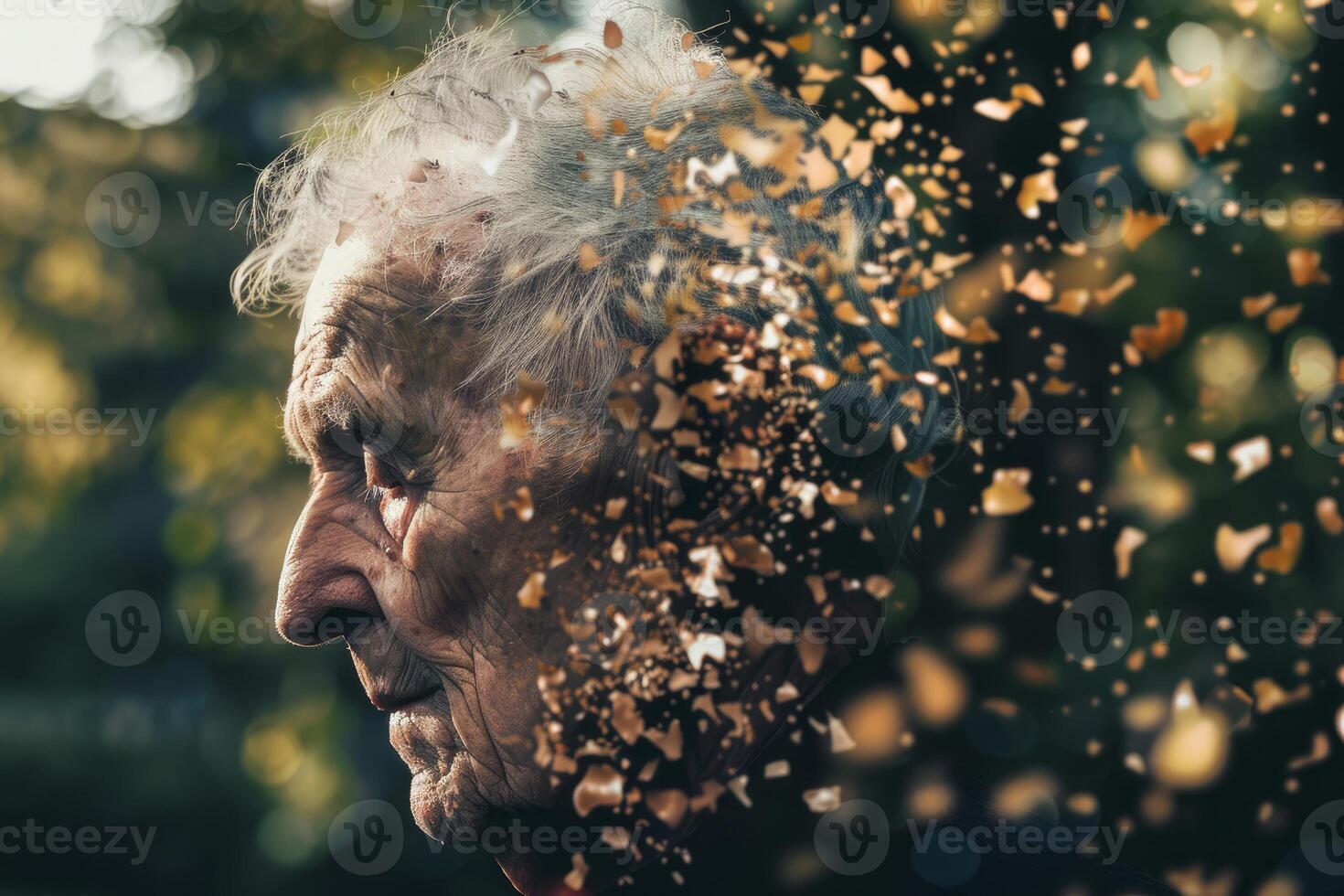 Senior man disappearing into autumn leaves representing aging and memory loss photo