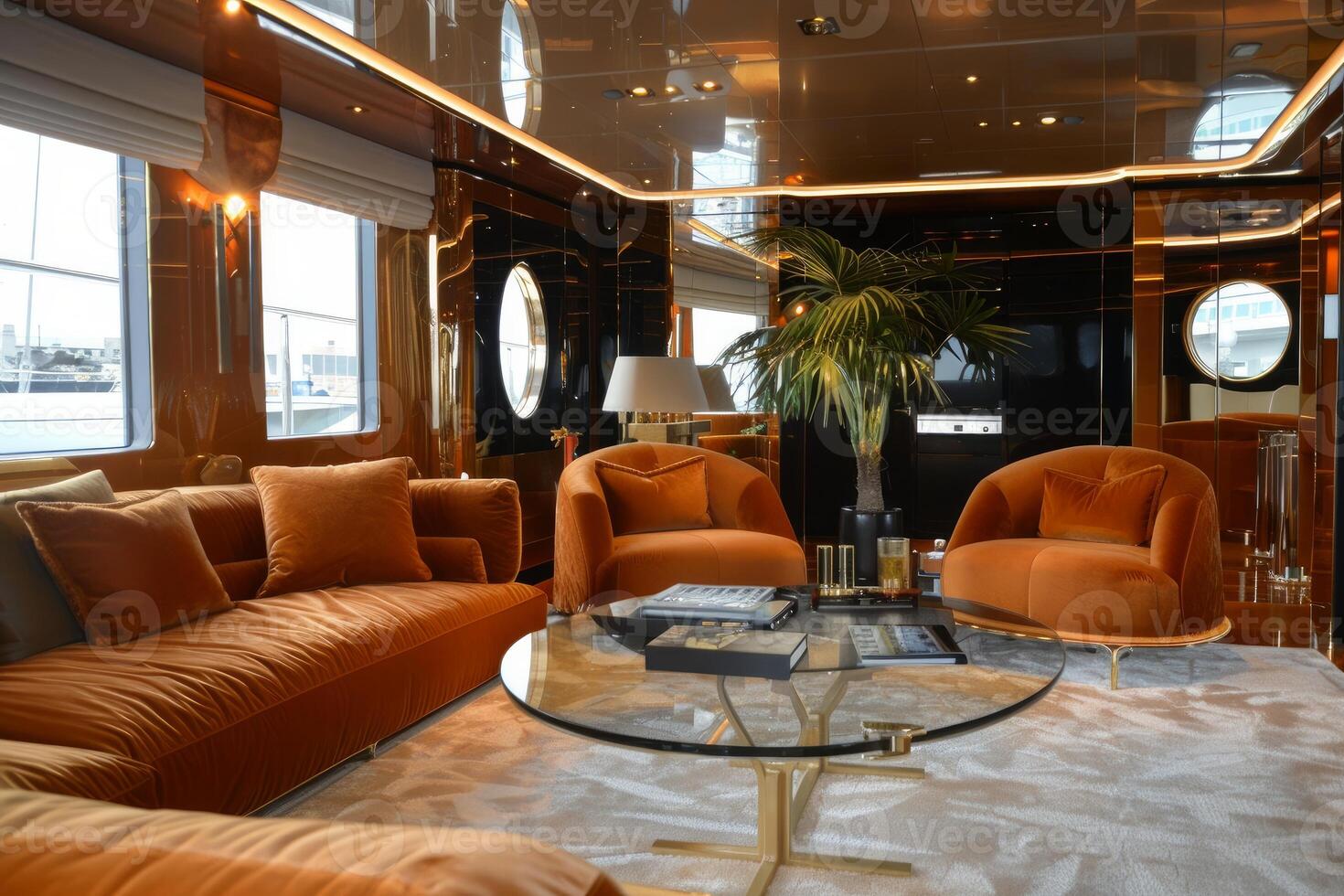 Luxurious yacht interior design featuring orange velvet sofa and armchairs photo