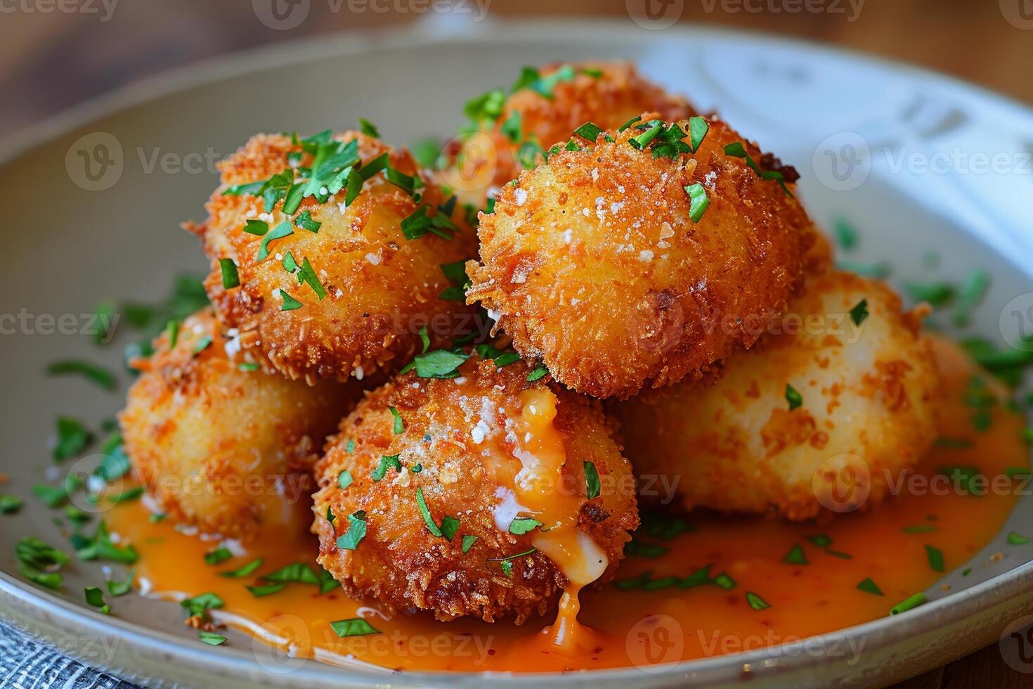 Delicious crunchy deep fried arancini rice balls being served on a plate photo