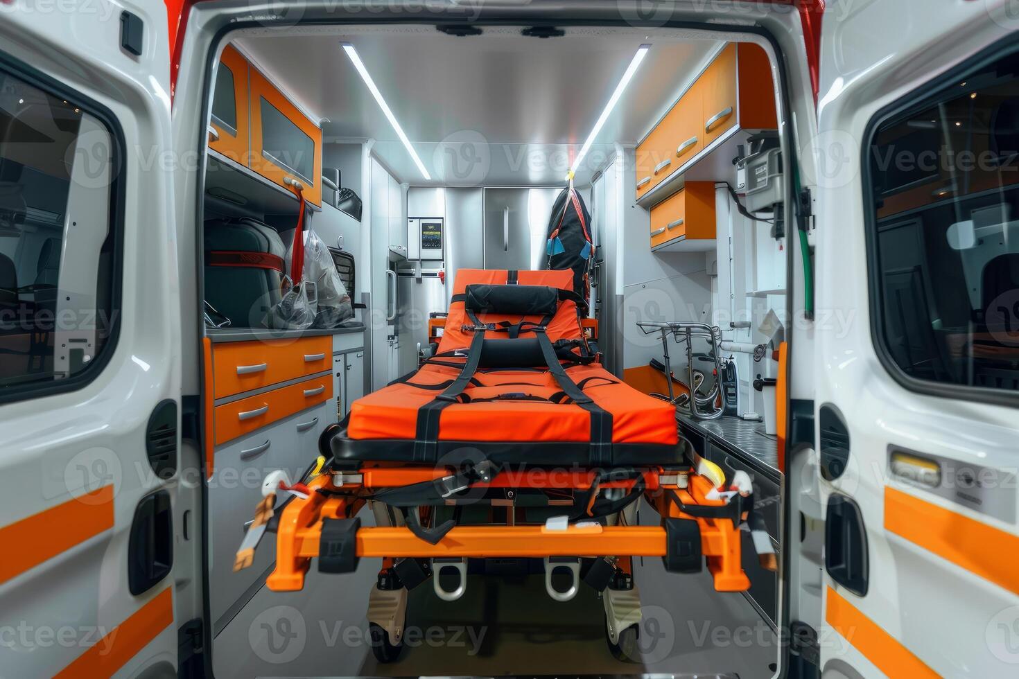 Empty stretcher waiting for patient inside ambulance vehicle with opened doors photo