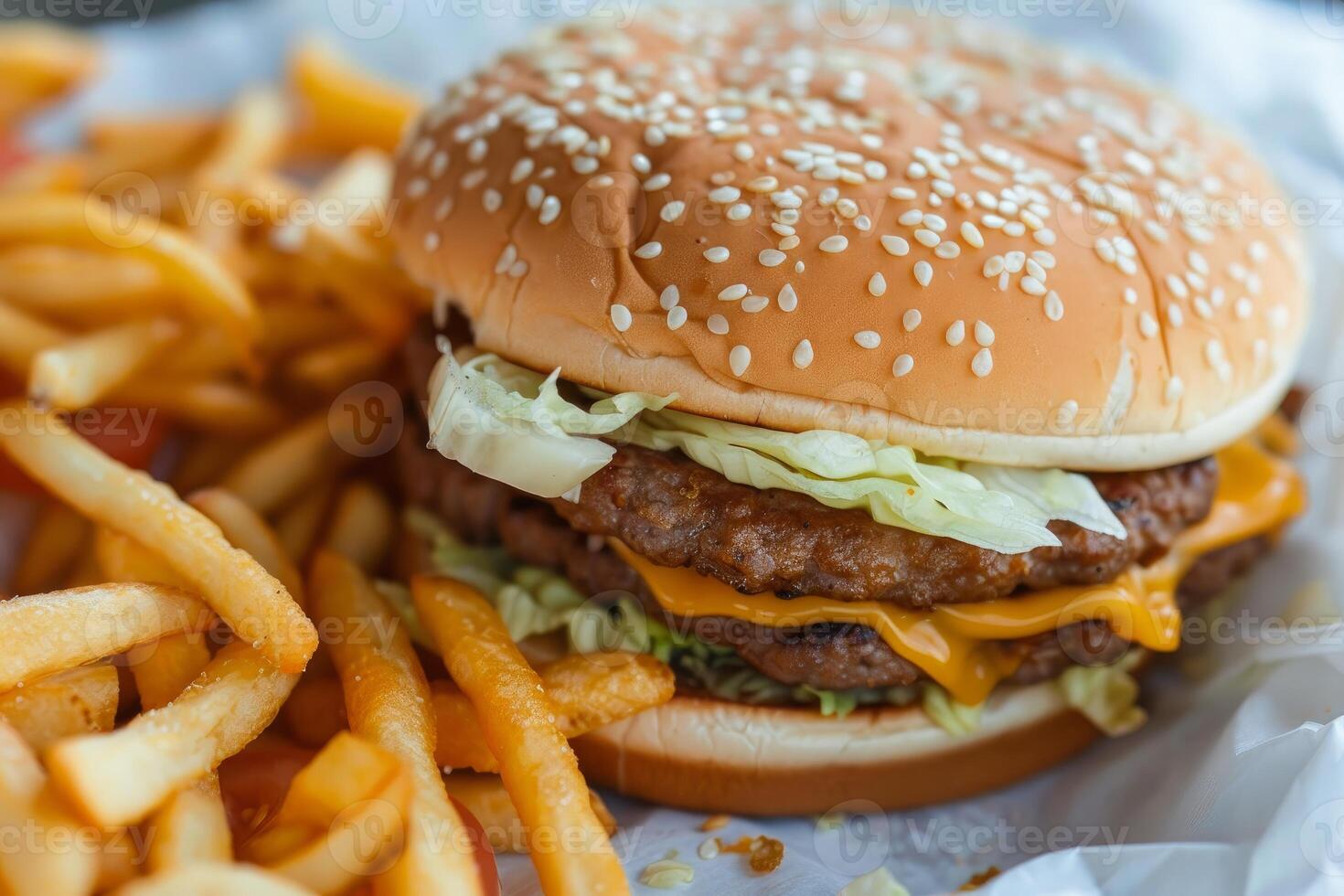 Delicious double burger with cheese, lettuce and french fries on the side photo