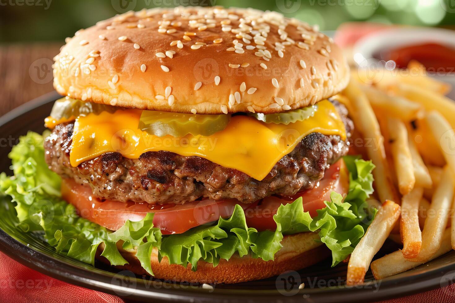 Delicious cheeseburger with french fries is waiting on a plate photo