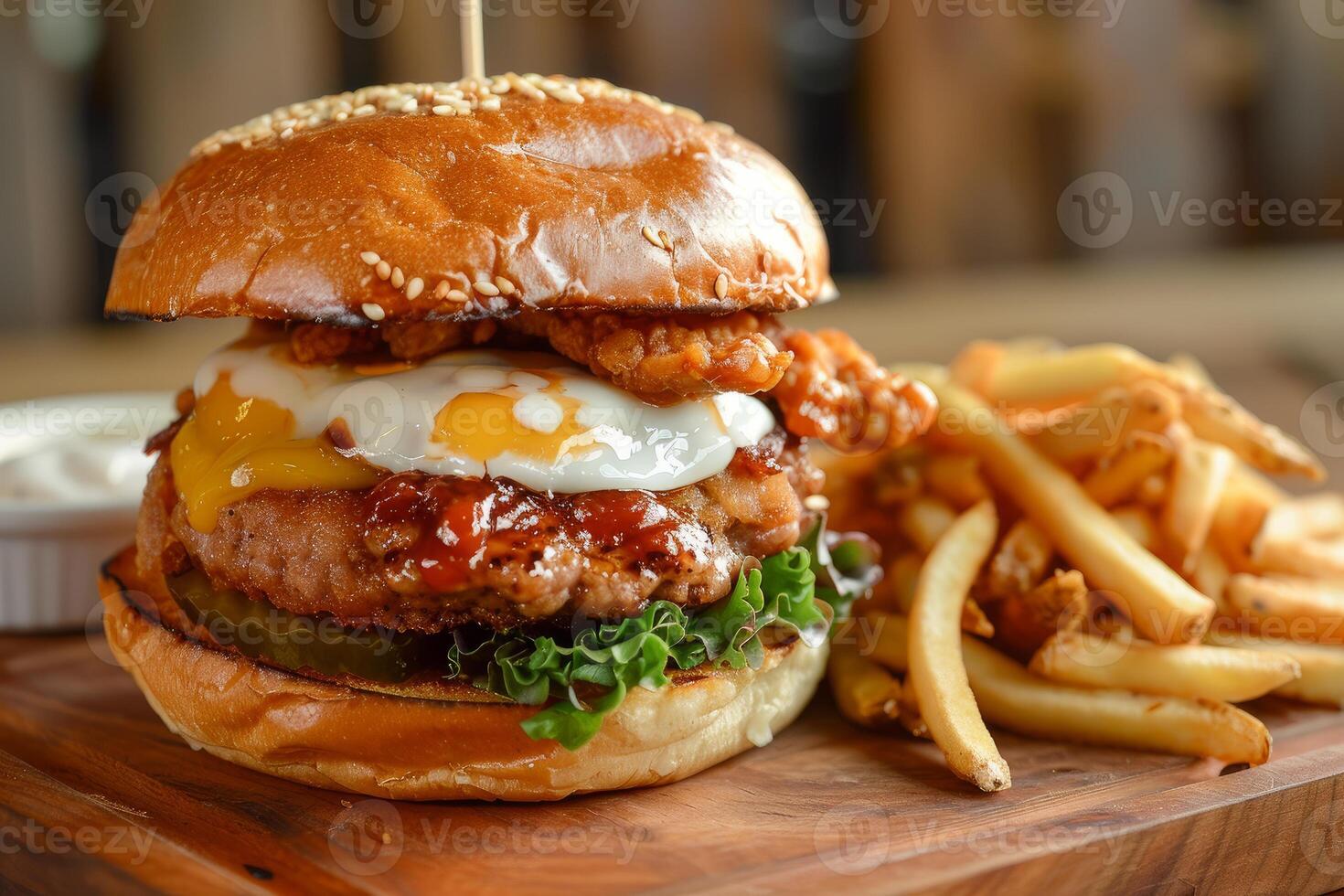 Burger with french fries, onion rings and fried egg served on a wooden table photo
