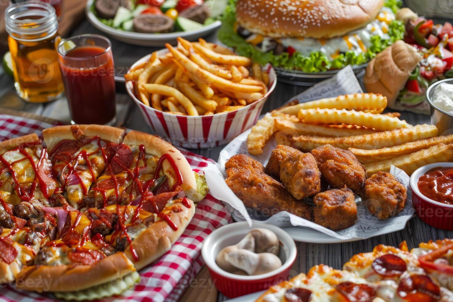 Pizza, hamburger, french fries and chicken wings on table for group of friends photo