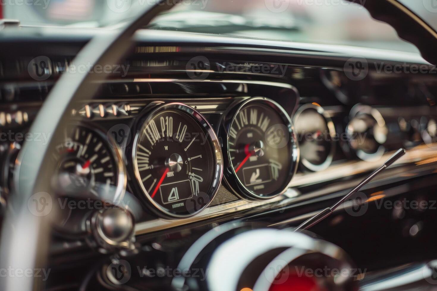 Close up of a classic car dashboard showing speedometer and fuel gauge photo