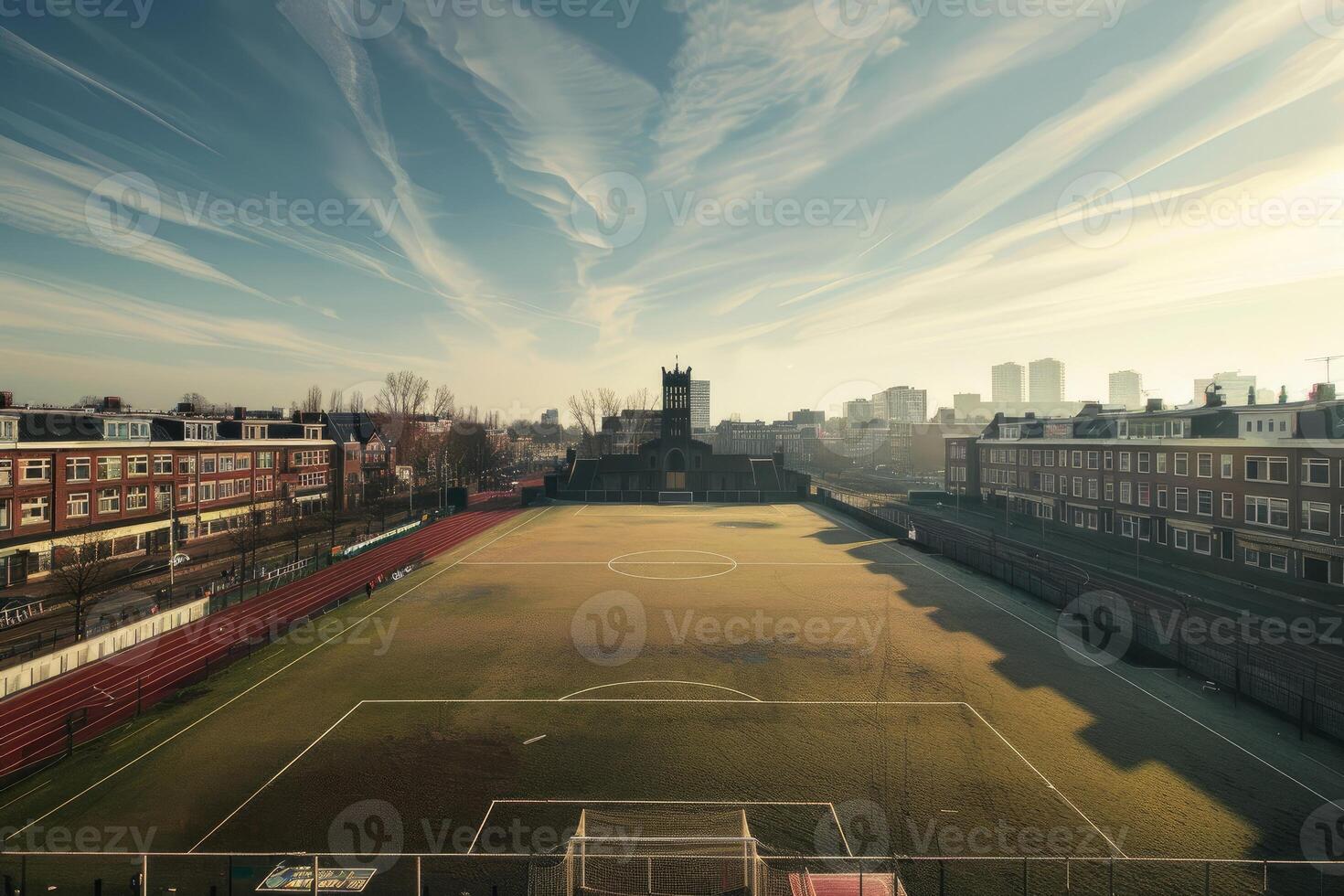Empty soccer field in the city center with dramatic sky photo