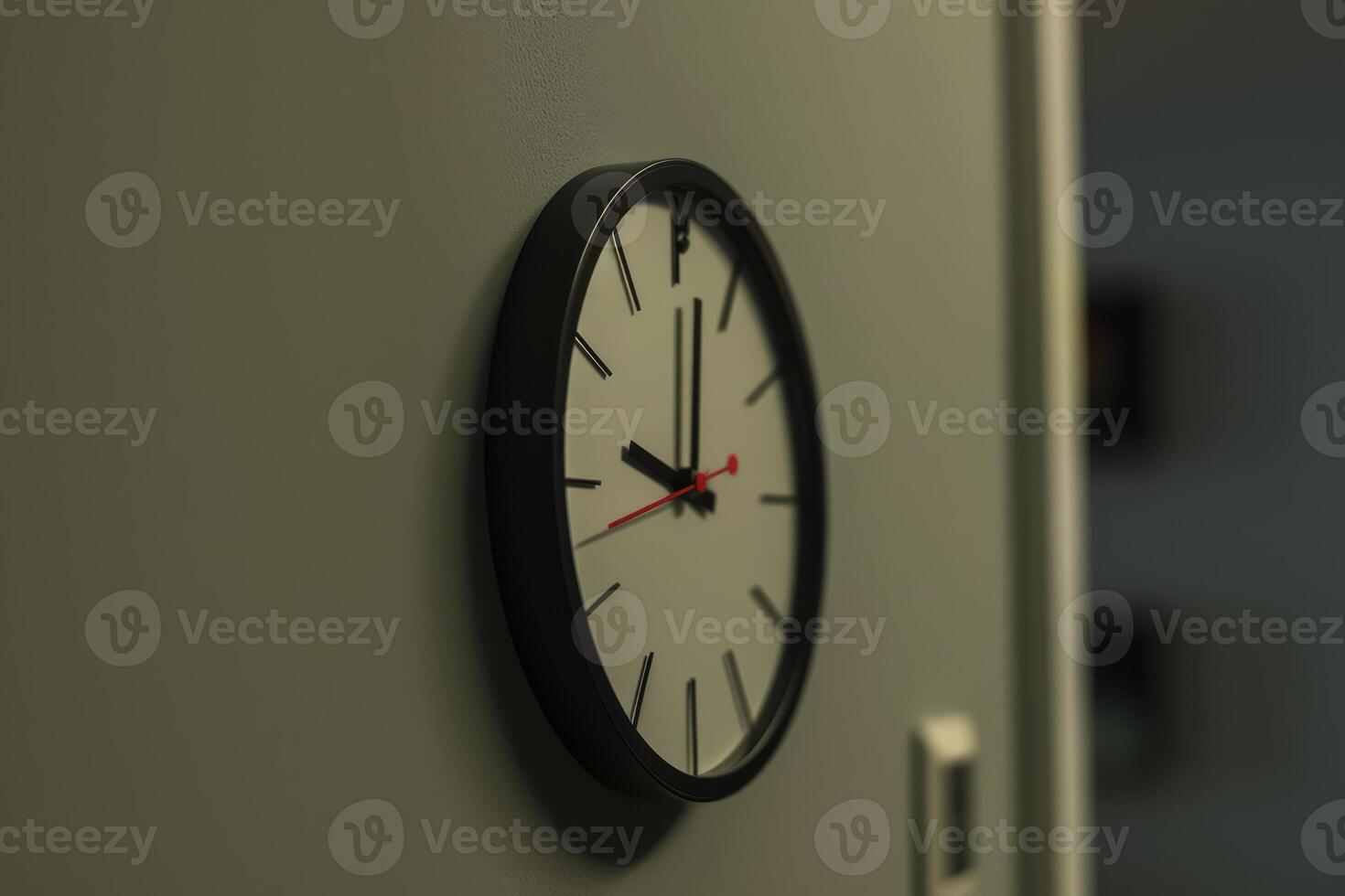 Modern black clock showing five o'clock hanging on green wall photo