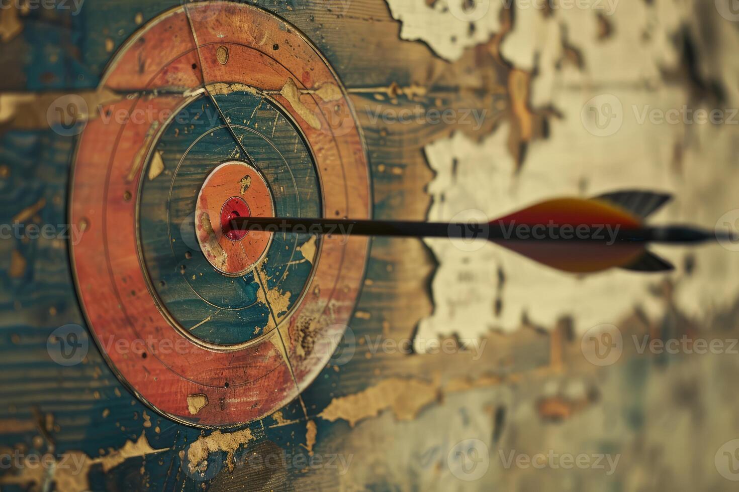 Arrow hitting the center of an old target on a wooden background photo