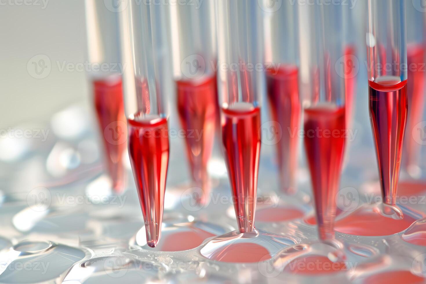 Scientist pipetting red liquid for medical research in the lab photo