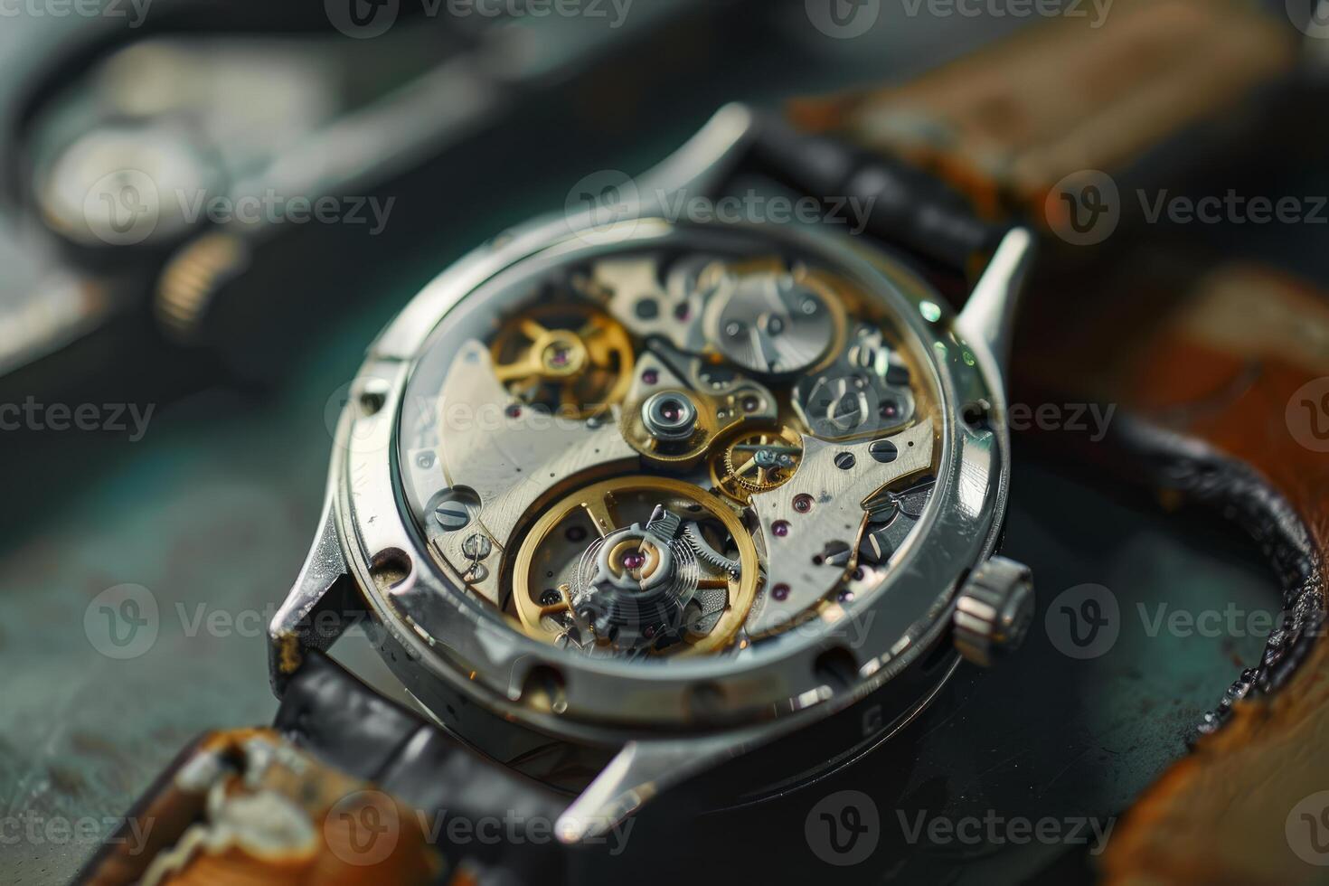 Watchmaker repairing mechanical wristwatch with visible gears photo