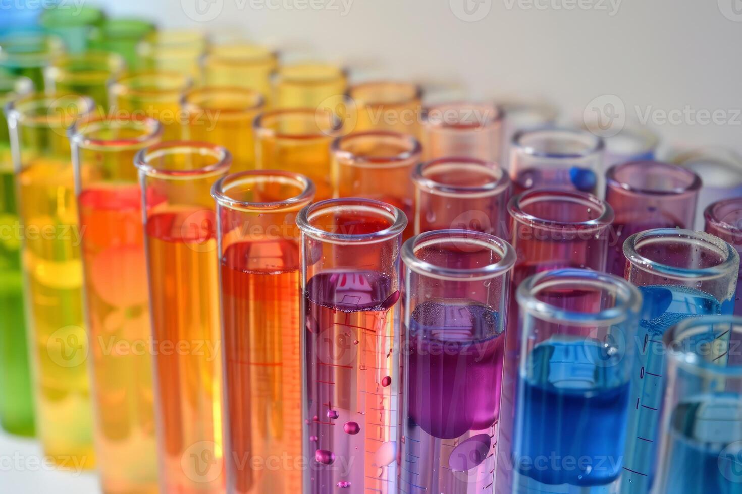 Scientist analyzing test tubes filled with colorful chemical liquid for scientific experiment photo