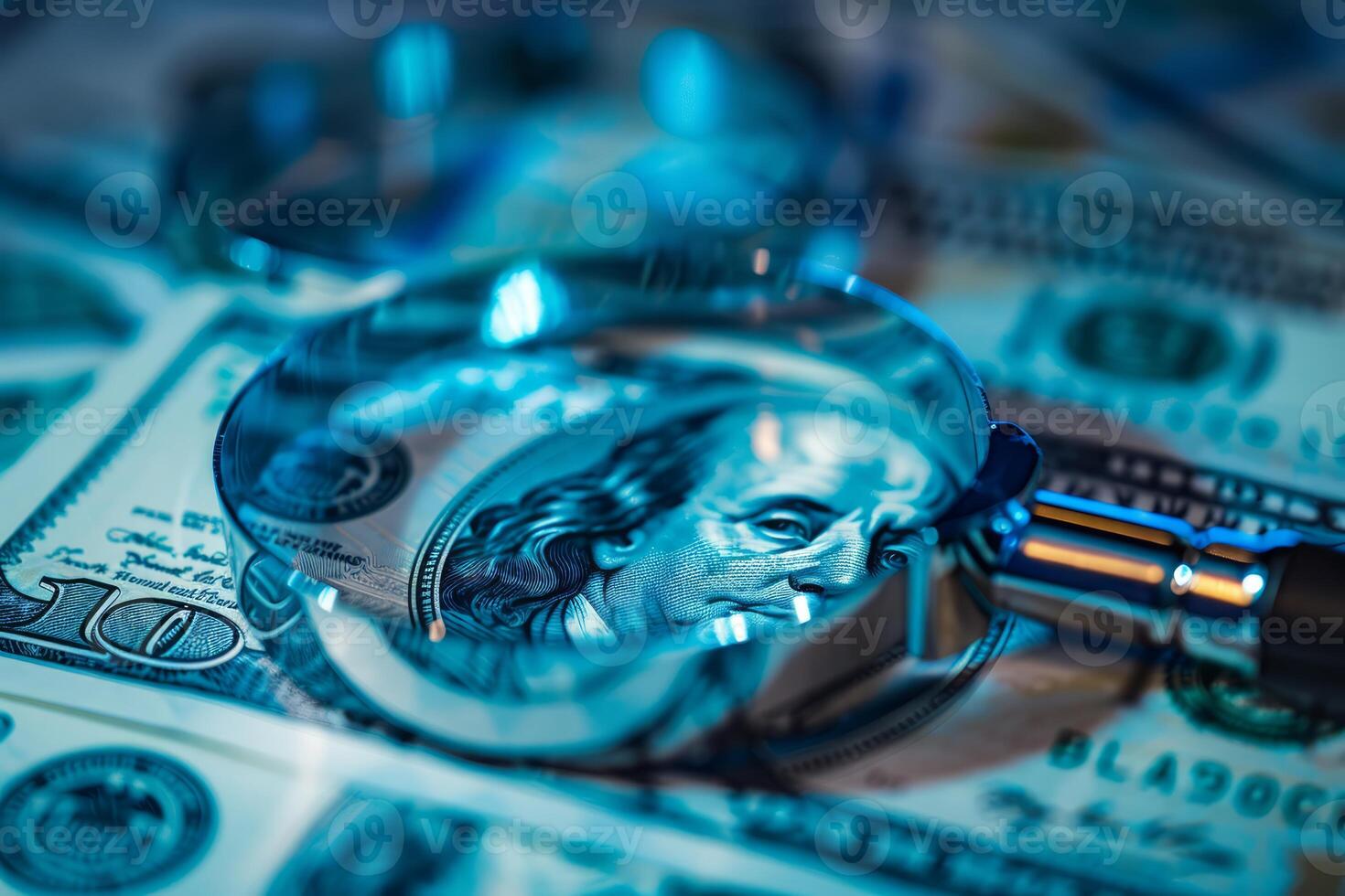 Magnifying glass examining one hundred dollar bill under blue light photo