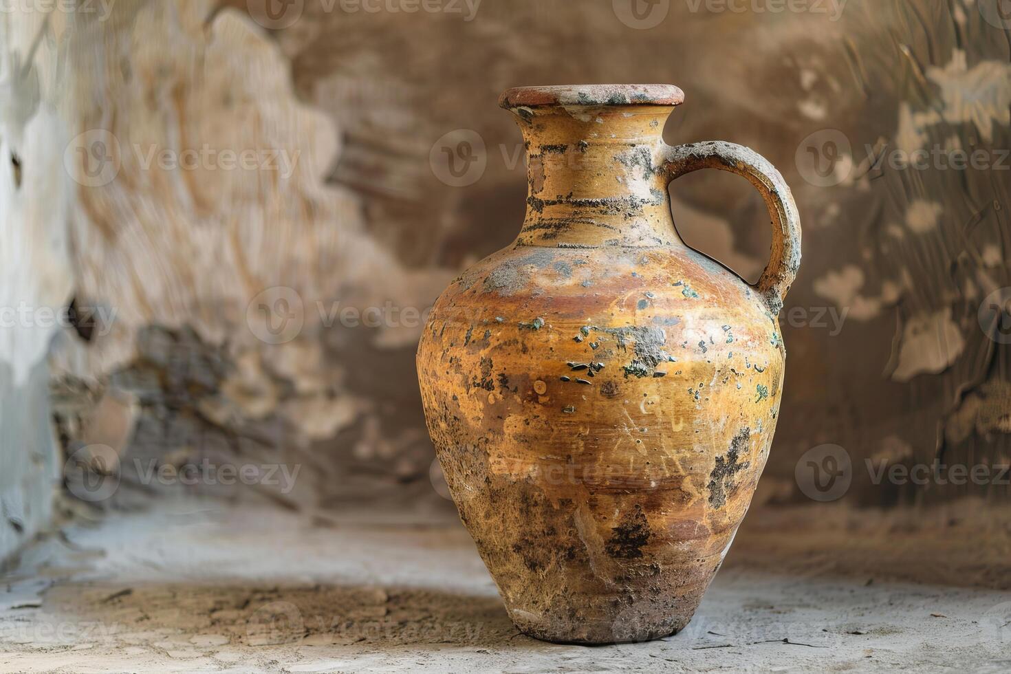 Old clay pitcher standing on a dusty surface in an abandoned house photo