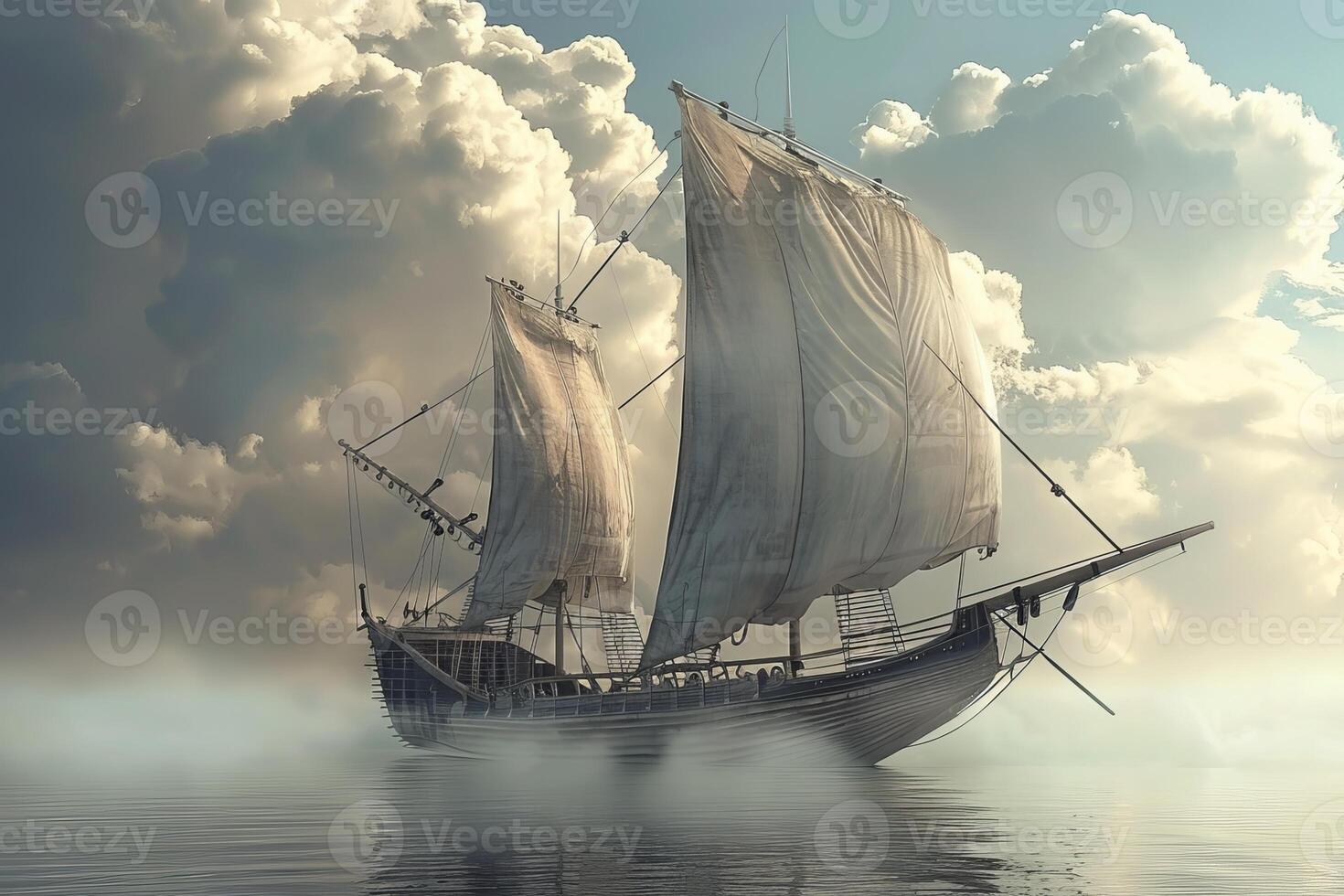 Ancient caravel sailing through foggy waters on a cloudy day photo