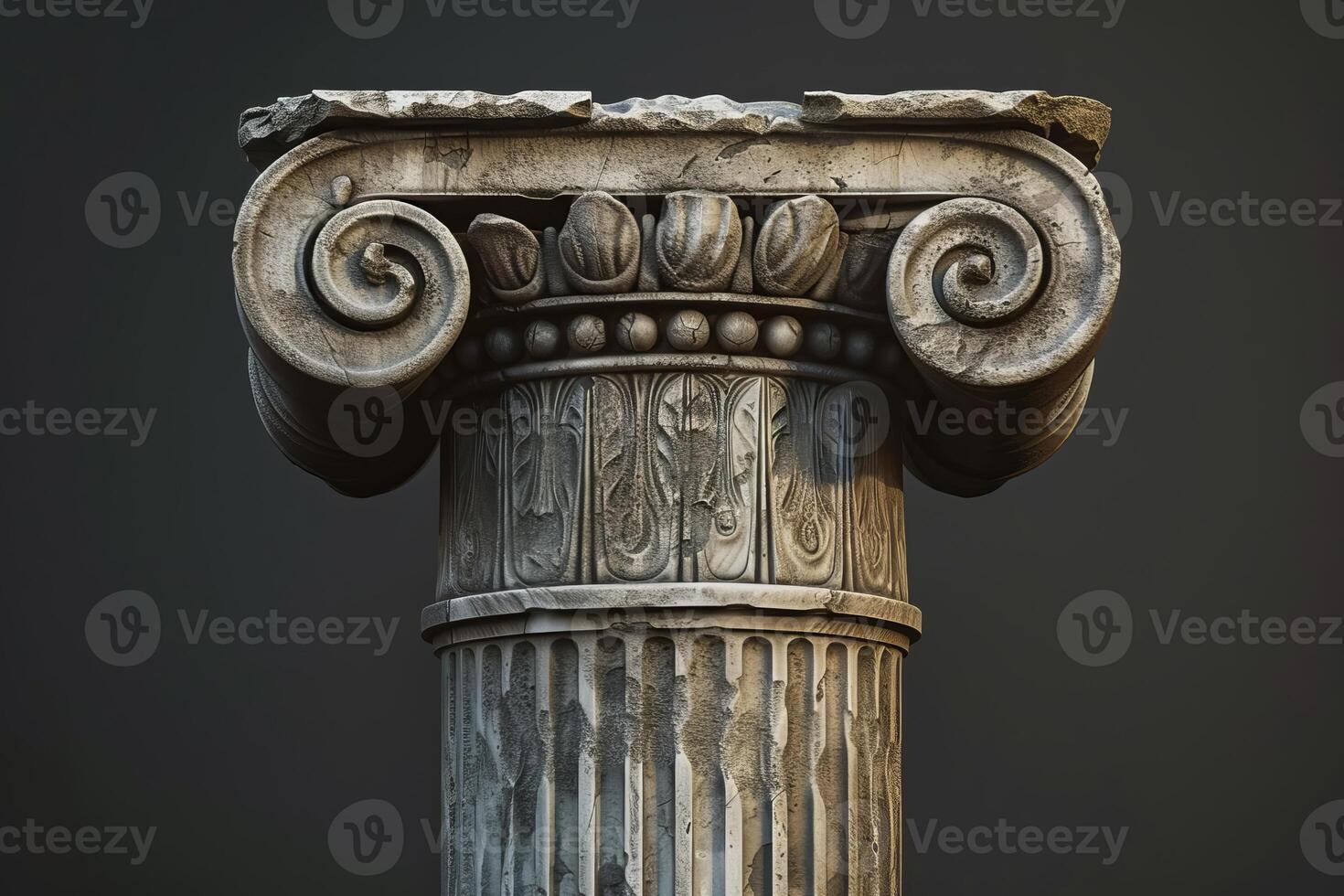 Ancient greek ionic order column standing tall against dark background photo