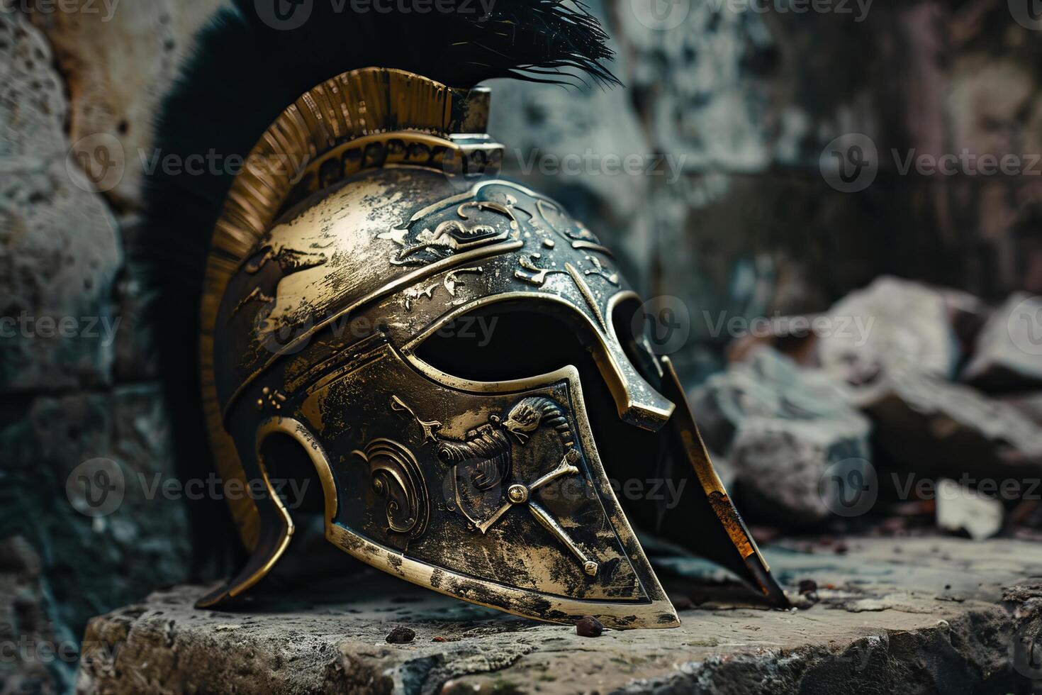 Ancient greek helmet resting on stone in ruins photo