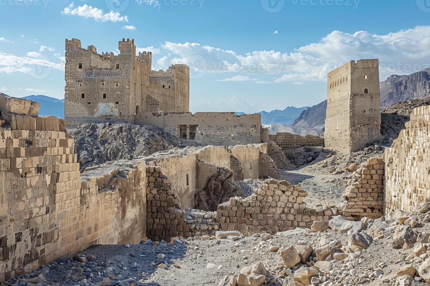 Abandoned bahla fort crumbling under a cloudy sky in oman photo