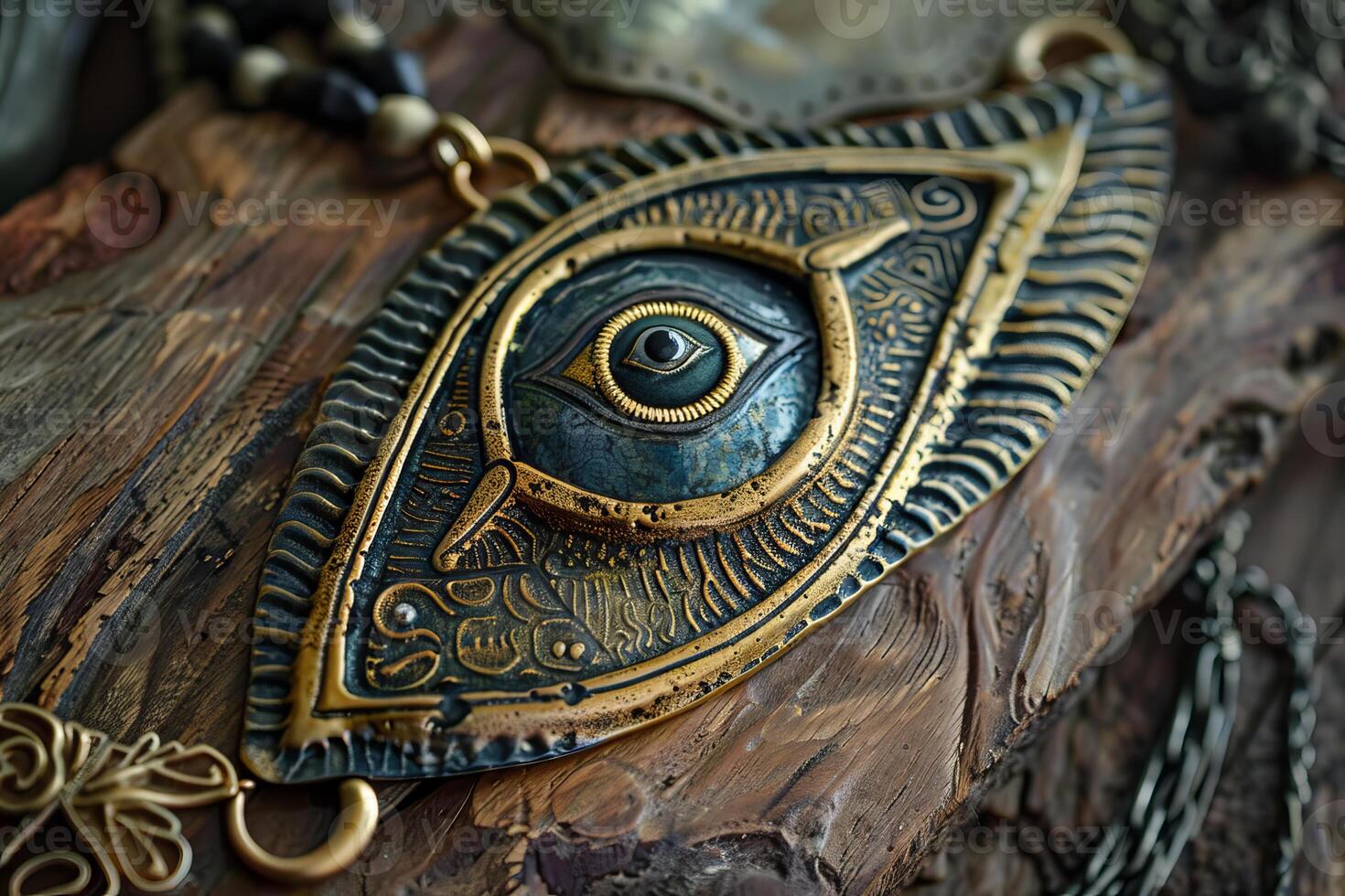Large handmade metal pendant in a shape of third eye is lying on a wooden surface photo