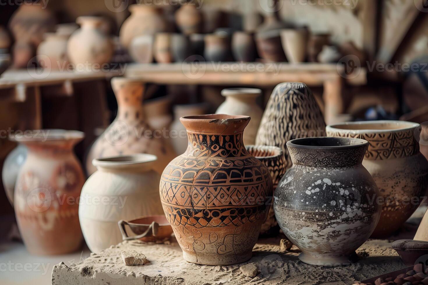 Ancient clay pots with ethnic ornaments are displayed in pottery workshop photo