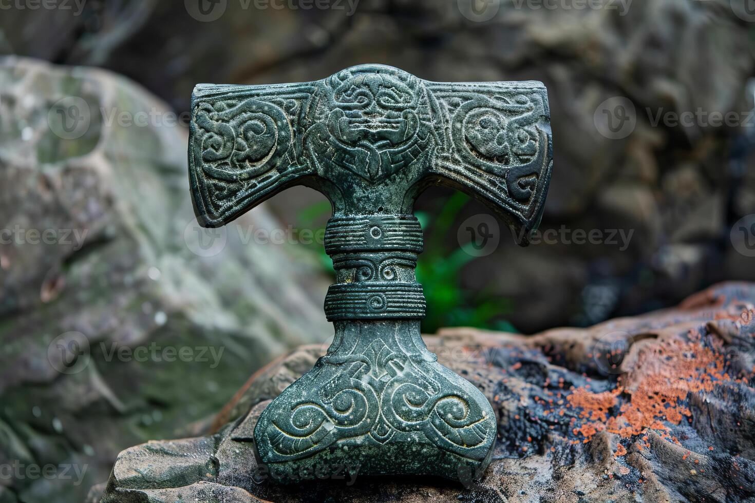 Ancient stone axe head with carvings resting on rock photo