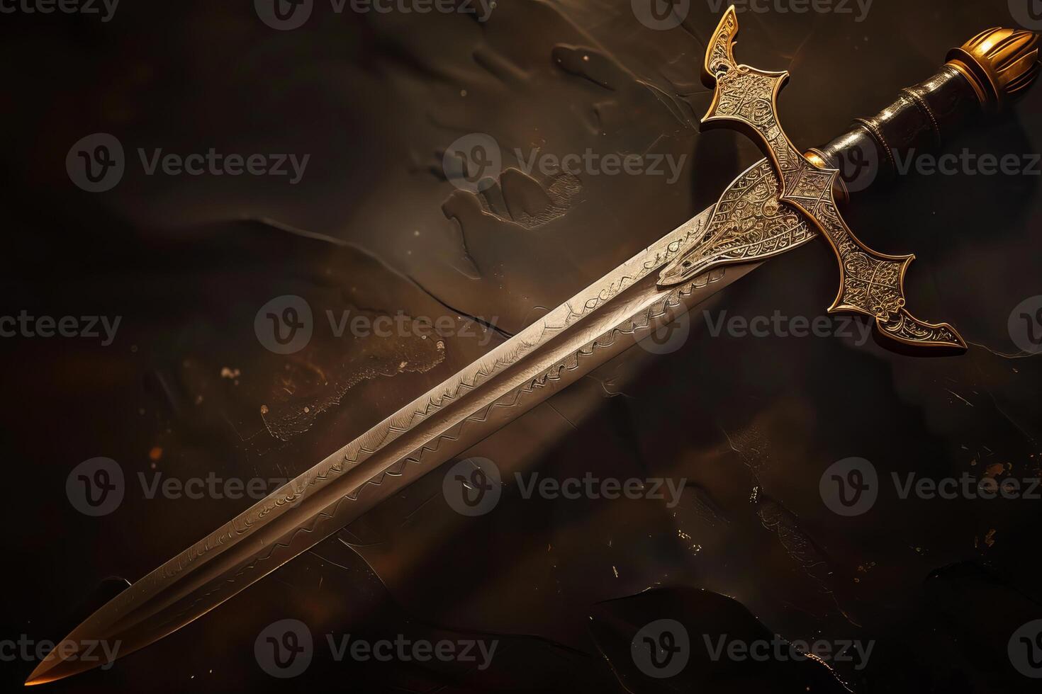 Ornate fantasy sword resting on dark stone surface photo