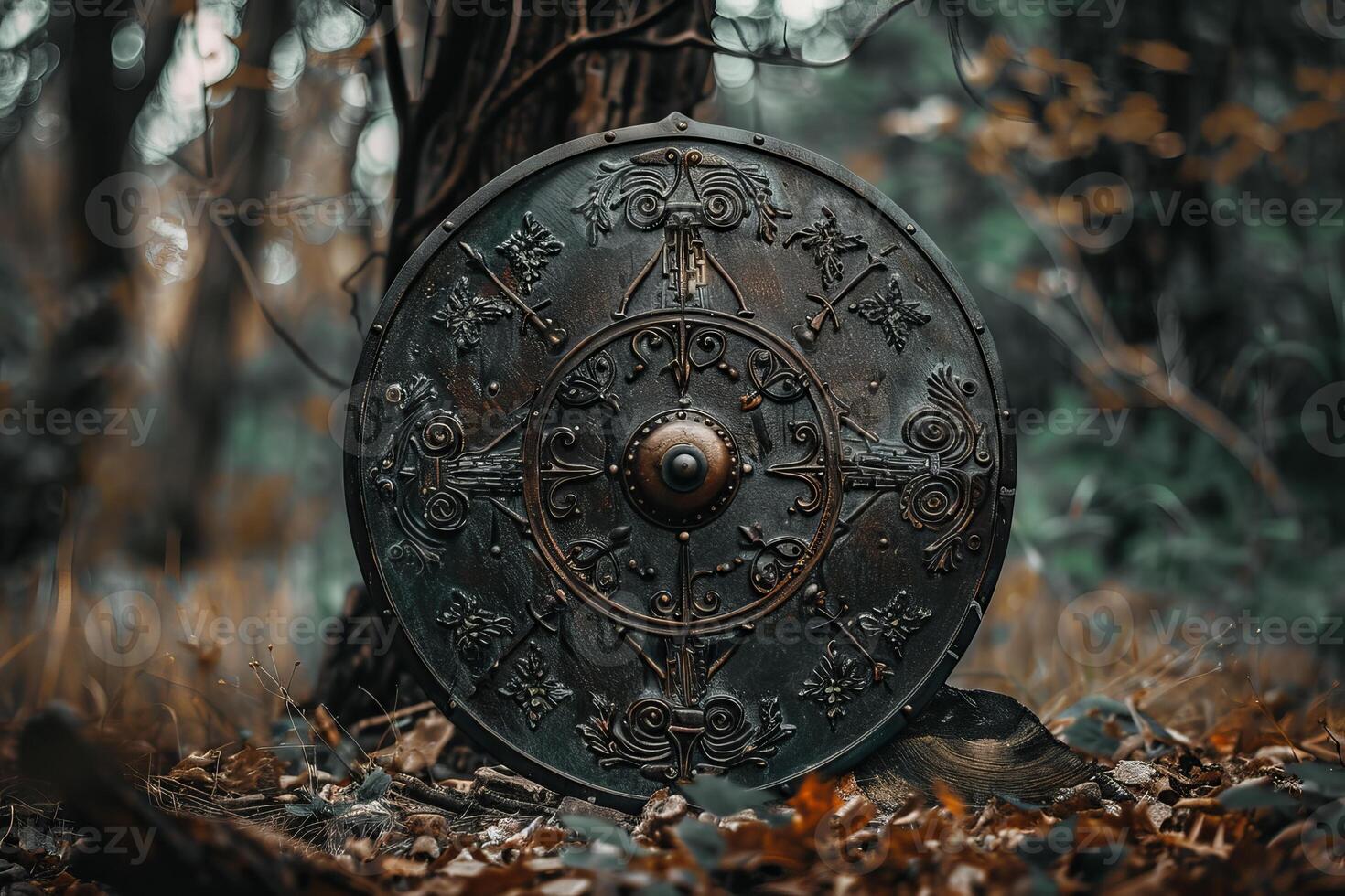 Ancient round shield with celtic pattern leaning on a tree in the forest photo